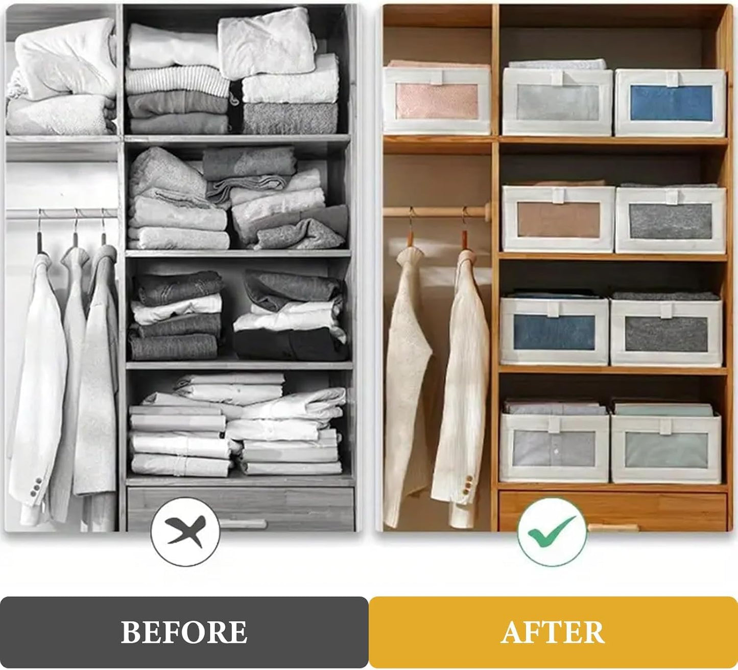 Wardrobe Storage Organiser Foldable - 4Pcs Drawer Organiser Clothes Fabric Storage Boxes Bin with Clear Window Shelf Stackable Clothing Storage Boxes