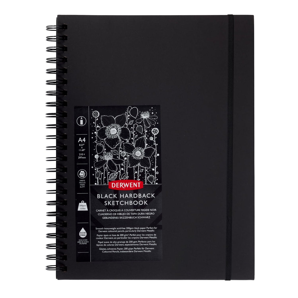 Derwent Black Paper Sketch Book, A4 Portrait, Drawing & Writing, 40 Sheets, Acid-Free Paper, Wirebound Spine, Professional Quality, Black Book,