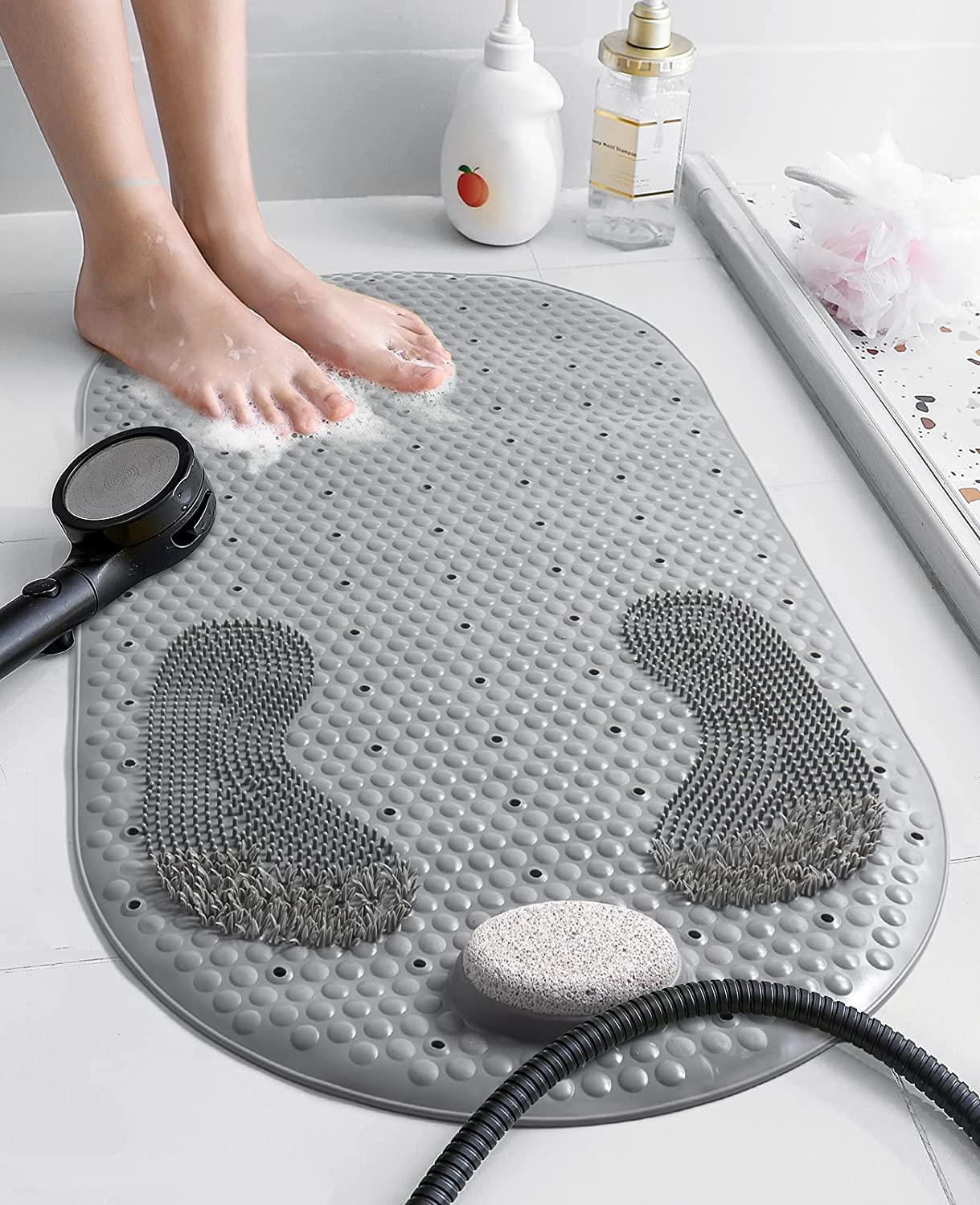 Yolife Shower mat Non Slip Bath Mat,40X80 CM Shower Foot Scrubber Mat with Removable Pumice Stone,TPE Shower Stall Mat Foot Cleaning Massage with