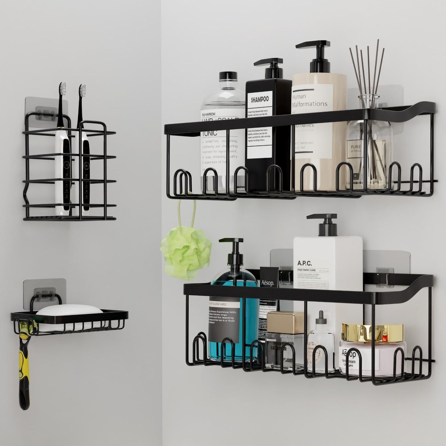 PRIME FEEL Shower Caddy no Drill, 4-Pack Stainless Steel Shower Shelf Organiser, Bathroom Accessory Set Including 2 x Bathroom Shelves, 1 x Toothbrush