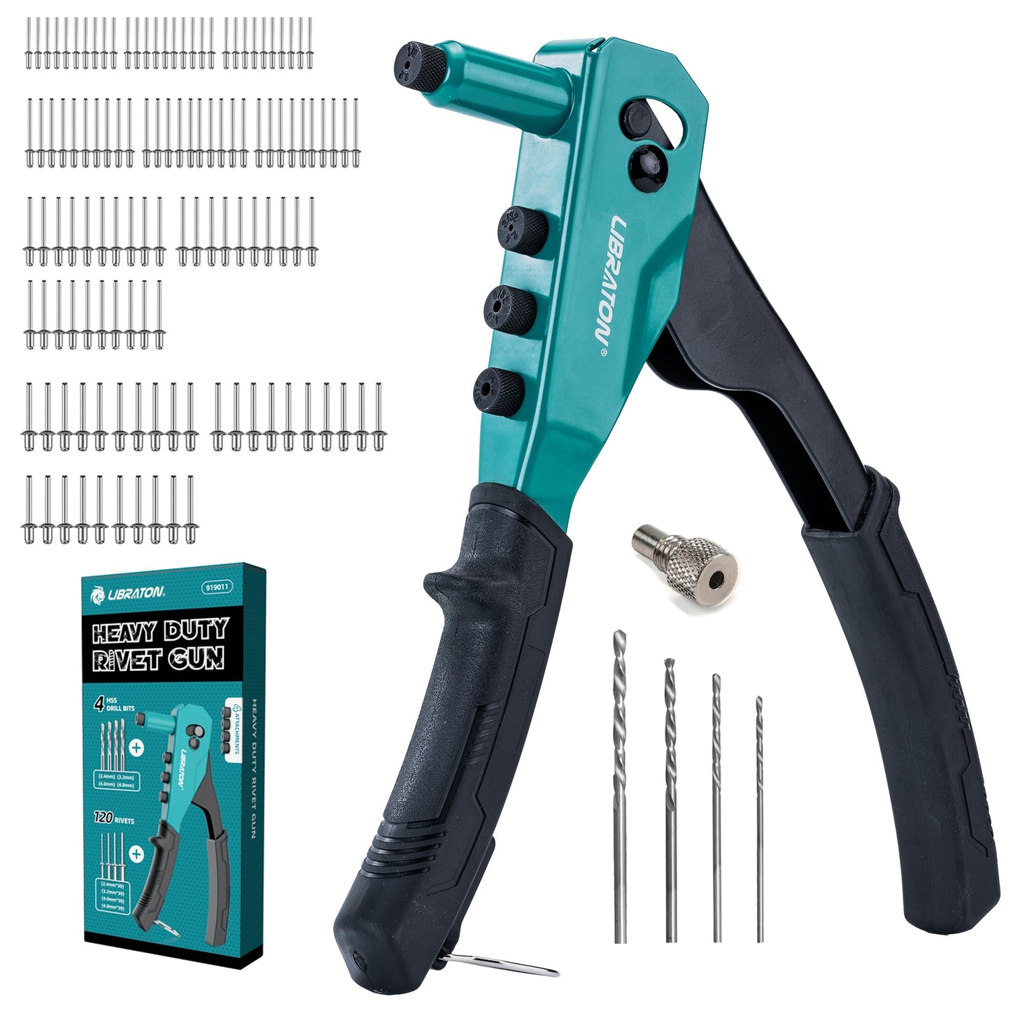 LIBRATON Rivet Gun Set, Pop Rivet Gun, Heavy Duty Rivet Tool, Professional Hand Riveter, Manual Riveting Tool with 120 Blind Rivets, 4 HSS Drill Bits,
