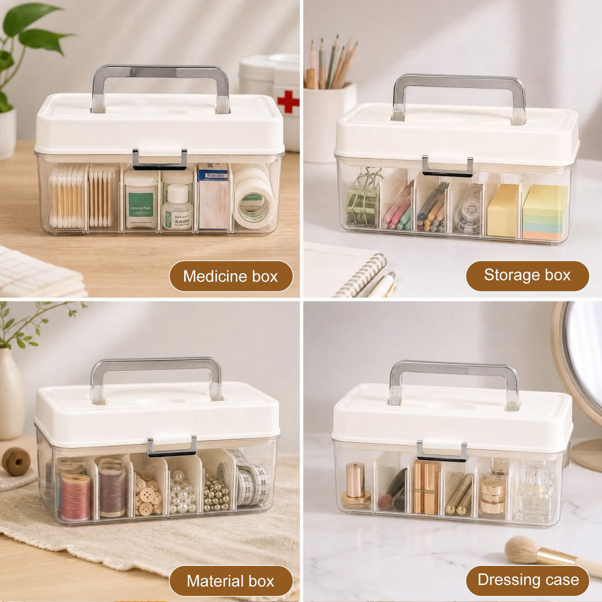 YJQXMYU Medicine Storage Box with Adjustable Dividers, 2-Layer First Aid Box, 24.5cm Multipurpose Storage Box with Lid & Handle for Medicine, Tool