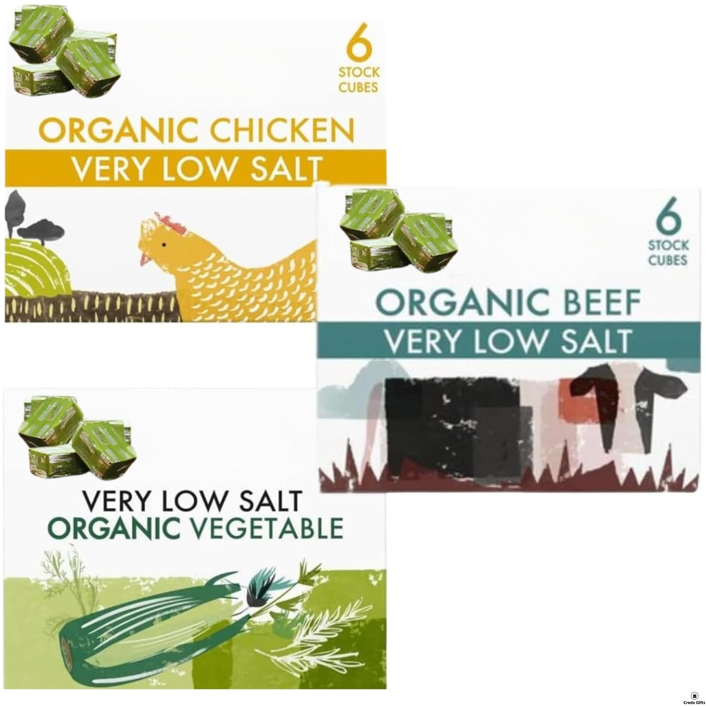 Stock Cube Bundle with Kallo Very Low Salt Beef Stock Cubes 6x8g, Chicken 6x8g and Vegetable Stock Cubes 6x10g (3 Pack)