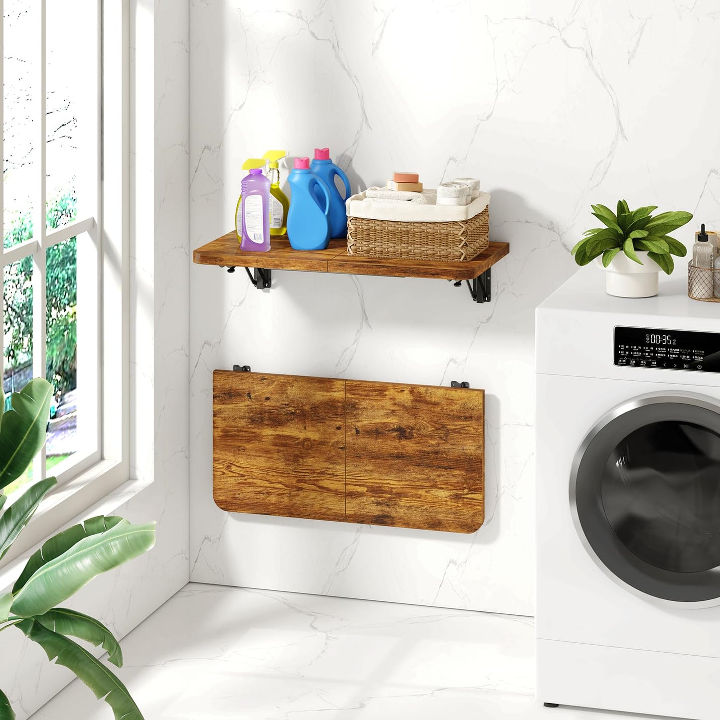 IBUYKE Wall Mounted Folding Table, Floating Wall Desk for Small Spaces, Fold Down Laundry Shelf with Heavy-Duty Brackets