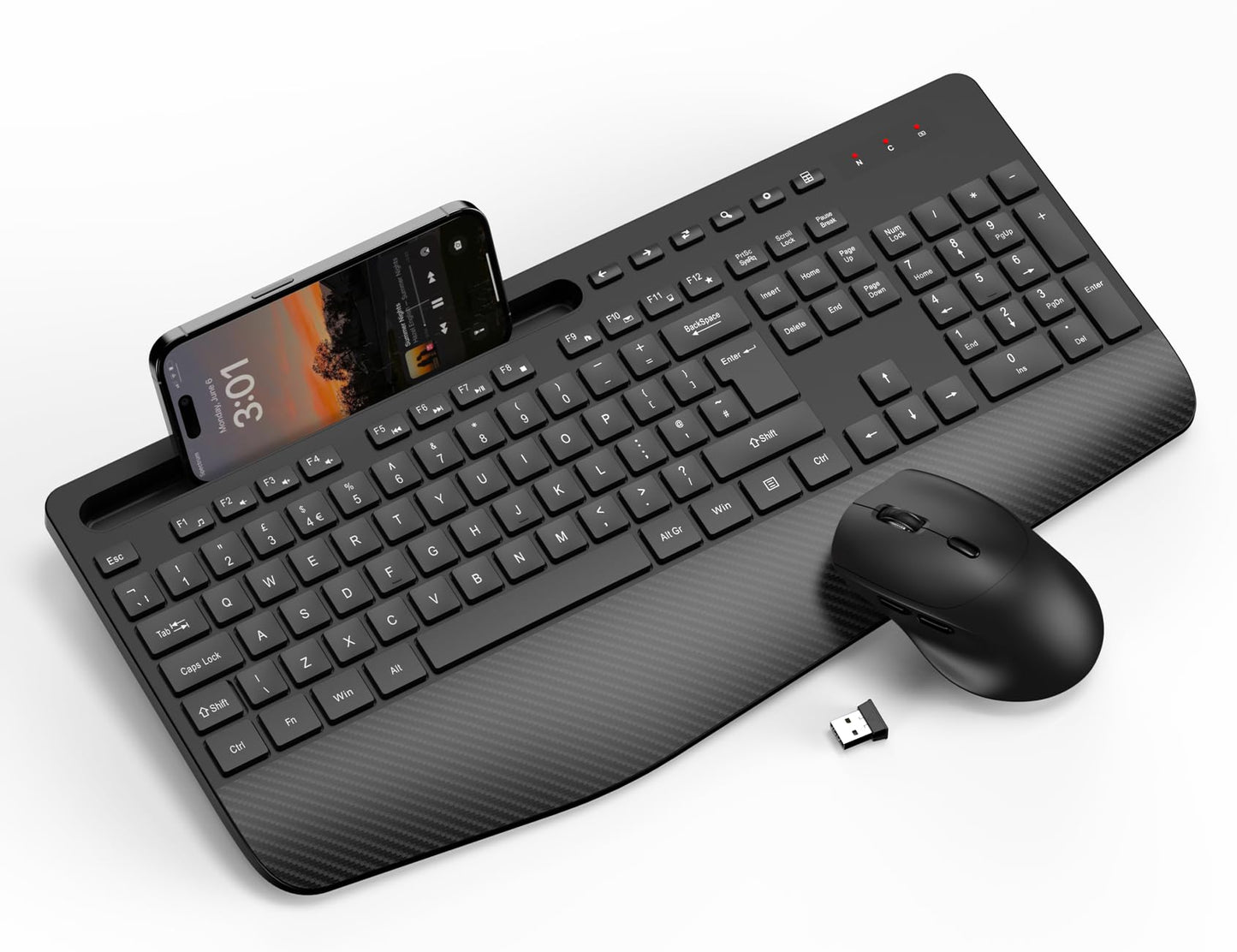 Wireless Keyboard and Mouse Combo, Full-Size Ergonomic Keyboard with Wrist Rest, Phone Holder, Sleep Mode, Silent 2.4GHz Cordless Set for Computer,