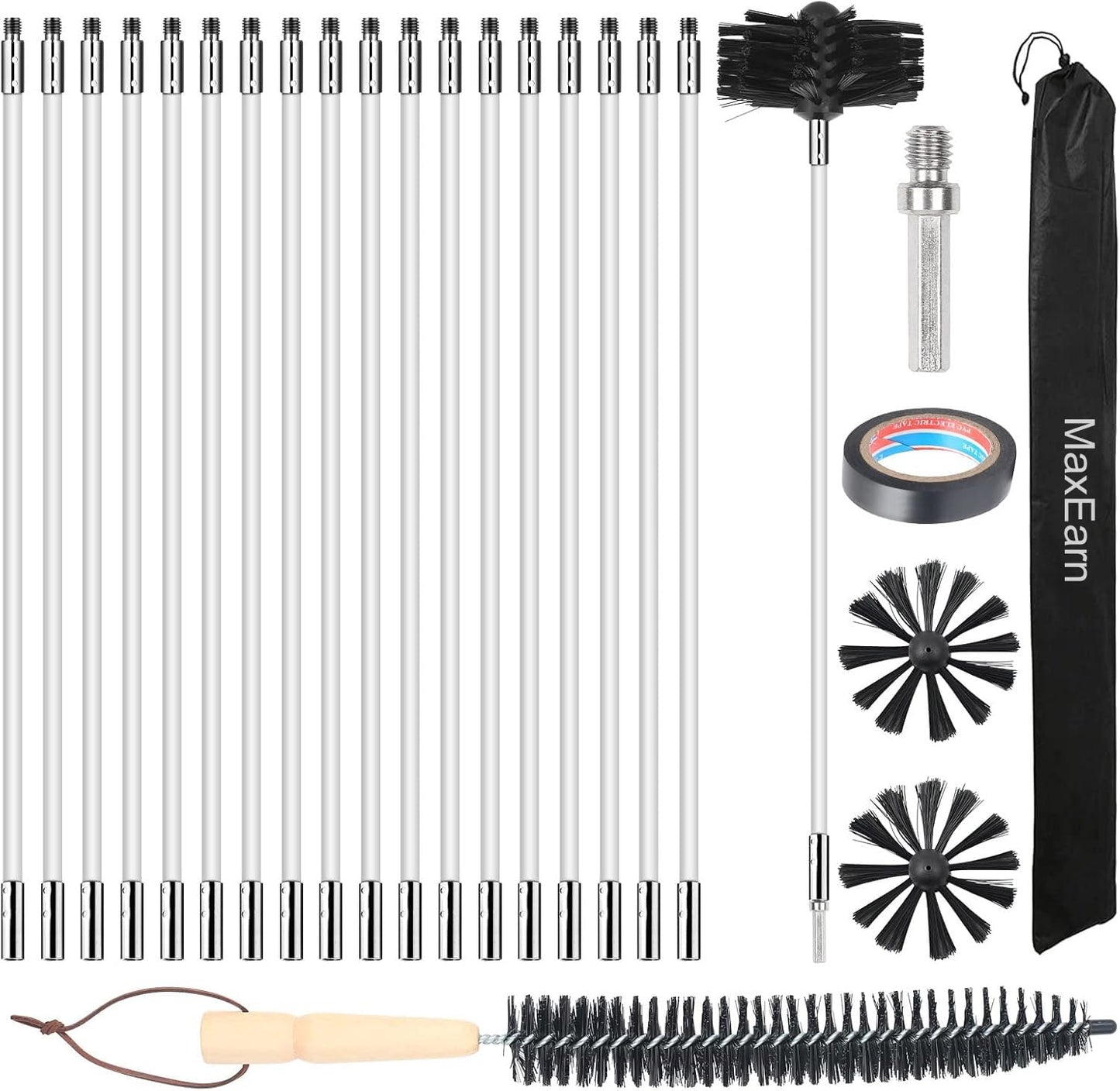 MaxEarn 24Pcs Chimney Cleaning Brush Kit with 18 Flexible Nylon Rods+ 4" Brush Head + Wood Long Brushes+ Storage Bag, Duct Vent Cleaning Set, Sweep