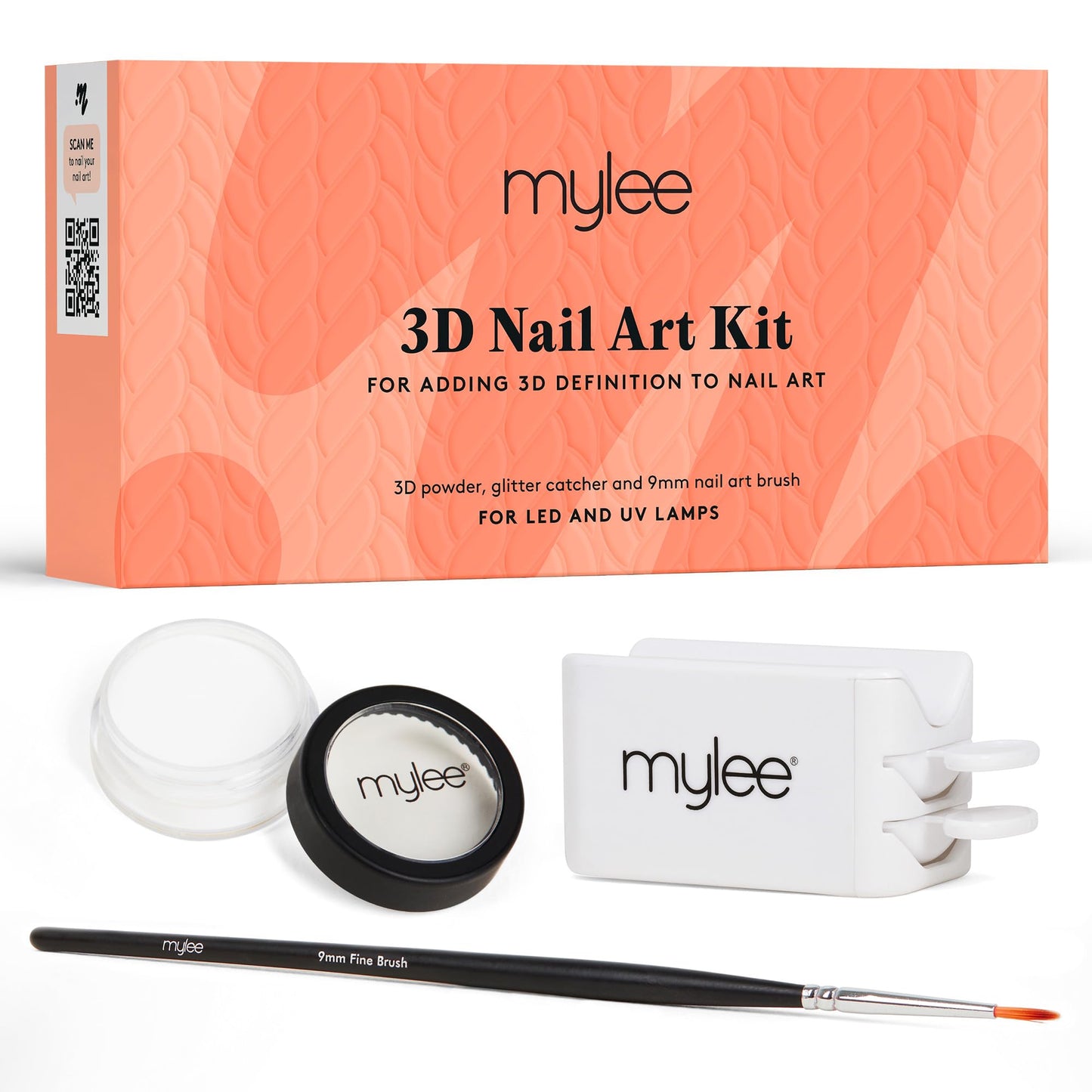 Mylee 3D Nail Art Kit - Create Professional Manicures at Home, Set Includes Clear 3D Powder Pot, Powder Catcher, 9mm Fine Painting Liner Brush for