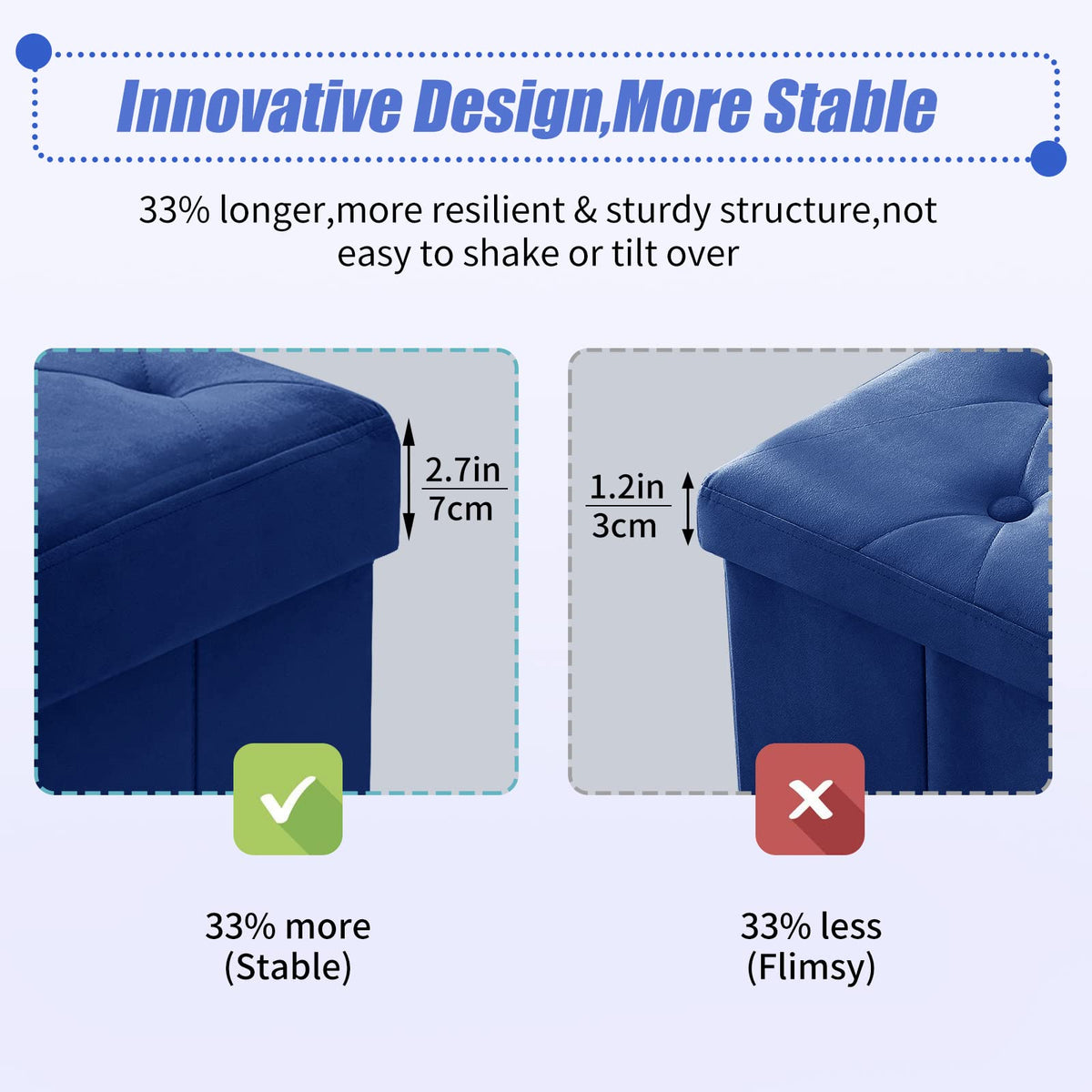 BRIAN & DANY Folding Storage Ottoman with Wood Legs, Velvet Footstools Cube for Living Room and Bedroom, 40x 40x 40 cm, Blue