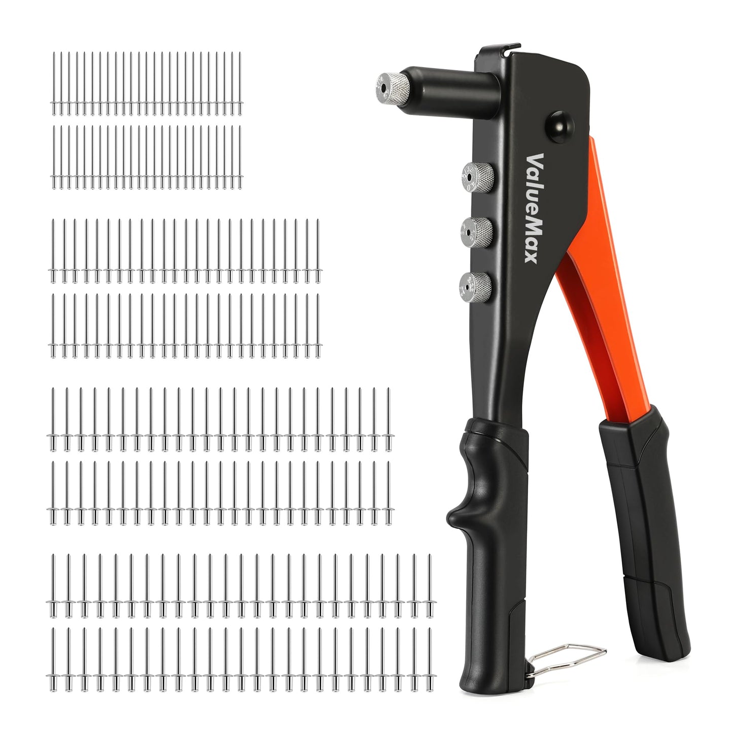 ValueMax 4-in-1 Rivet Gun Set with 200 Rivets, Pop Riveter with 4 Sizes Interchangeable Nosepieces 3/32"(2.4mm), 1/8"(3.2mm), 5/32"(4.0mm),