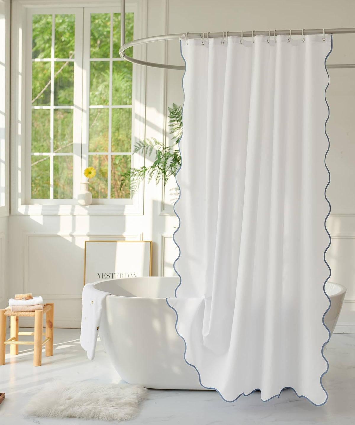 youngseahome White Fabric with Water Blue Scalloped Border Shower Curtain,Boho Chic Cloth Shower Curtain for Bathroom Showers,72 x 72 Inches