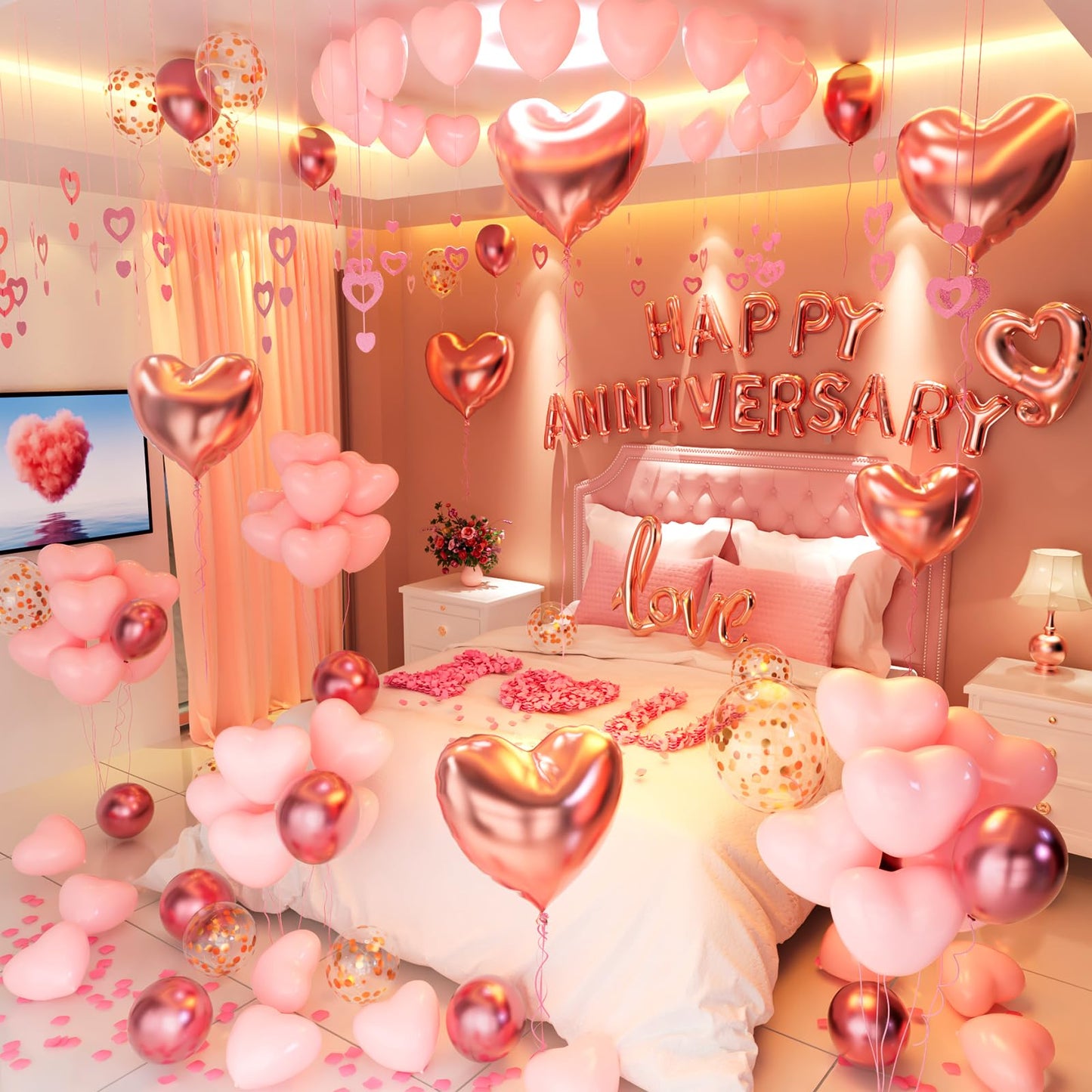 Anniversary Decorations Pink?Valentines Day Decorations,Happy Anniversary Banner Pink Heart Balloons Hanging String Rose Petals