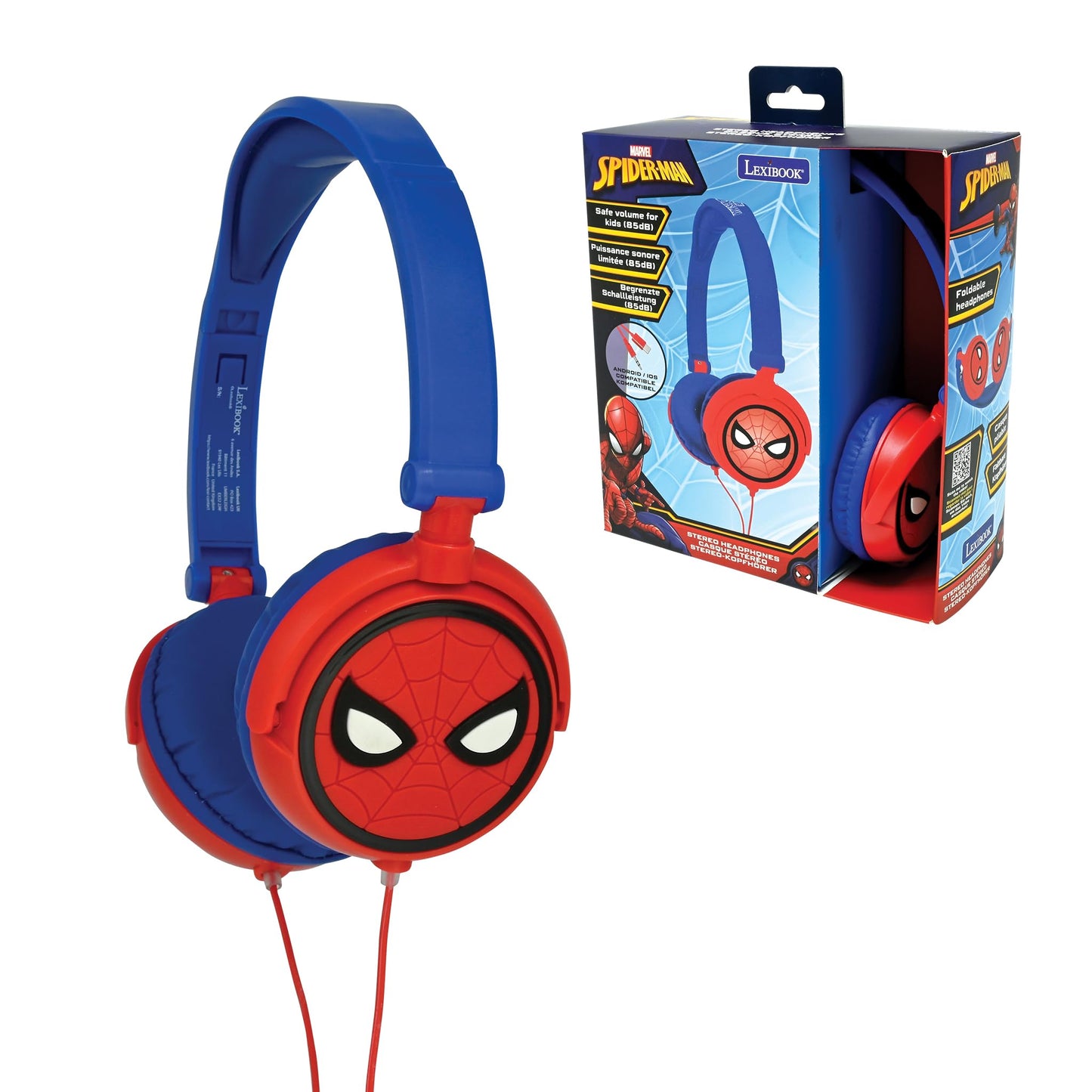 LEXIBOOK, Spider-Man, Stereo Headphones, kids safe volume, foldable and adjustable, red/blue, HP010SP