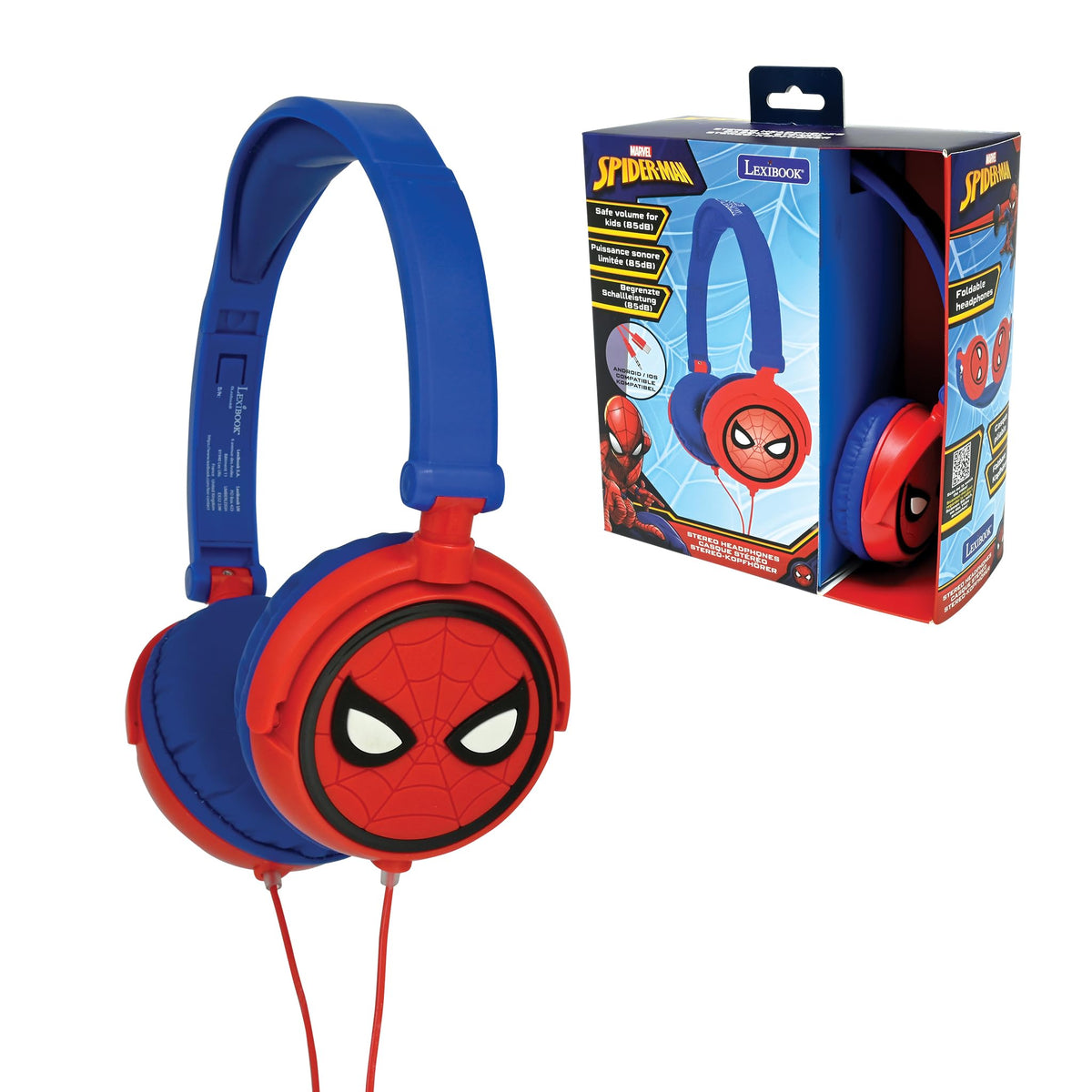 LEXIBOOK, Spider-Man, Stereo Headphones, kids safe volume, foldable and adjustable, red/blue, HP010SP