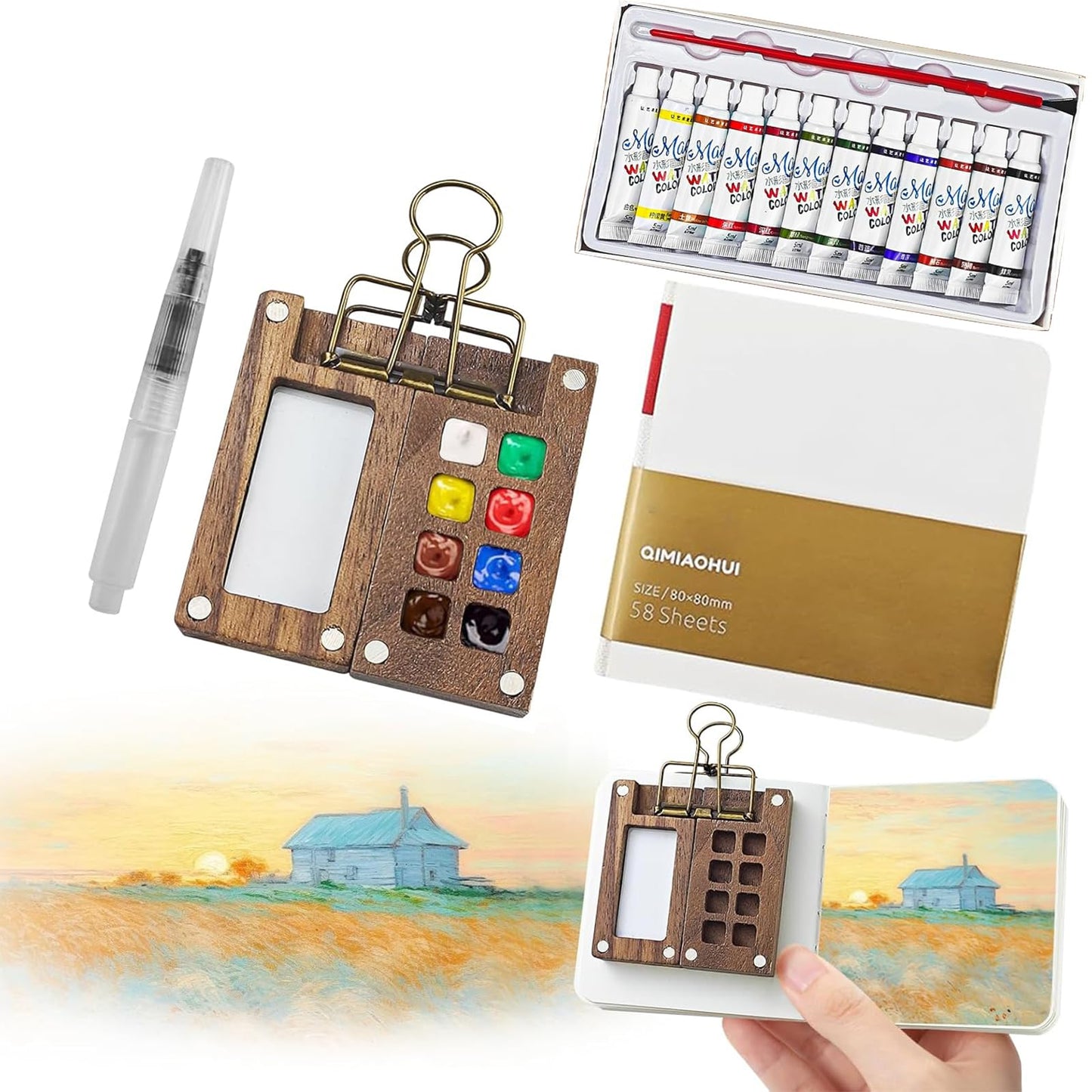 5 PCS Pocket Artist Watercolour Travel Set - 8 Grids Travel Watercolour Paint Set Portable, Mini Watercolour Paint Set Travel, Painting Set with