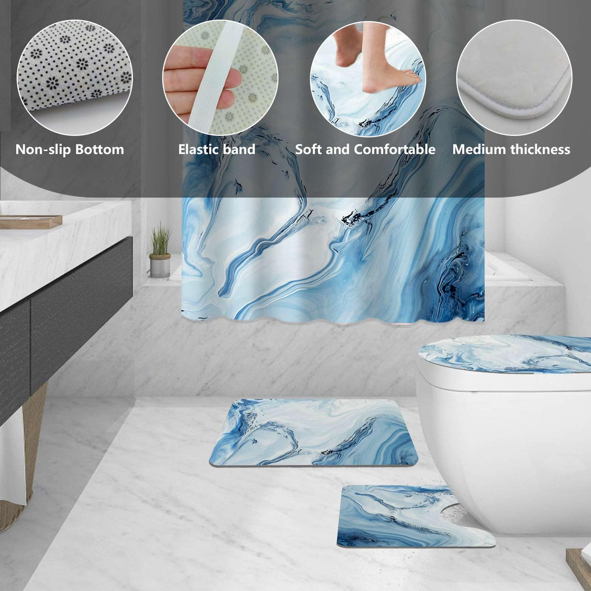 AIBIIN Marble Shower Curtain Sets 4 Piece Abstract Blue Shower Curtain Set with Non-Slip Rugs, Modern Toilet Lid Cover and Bath Mat