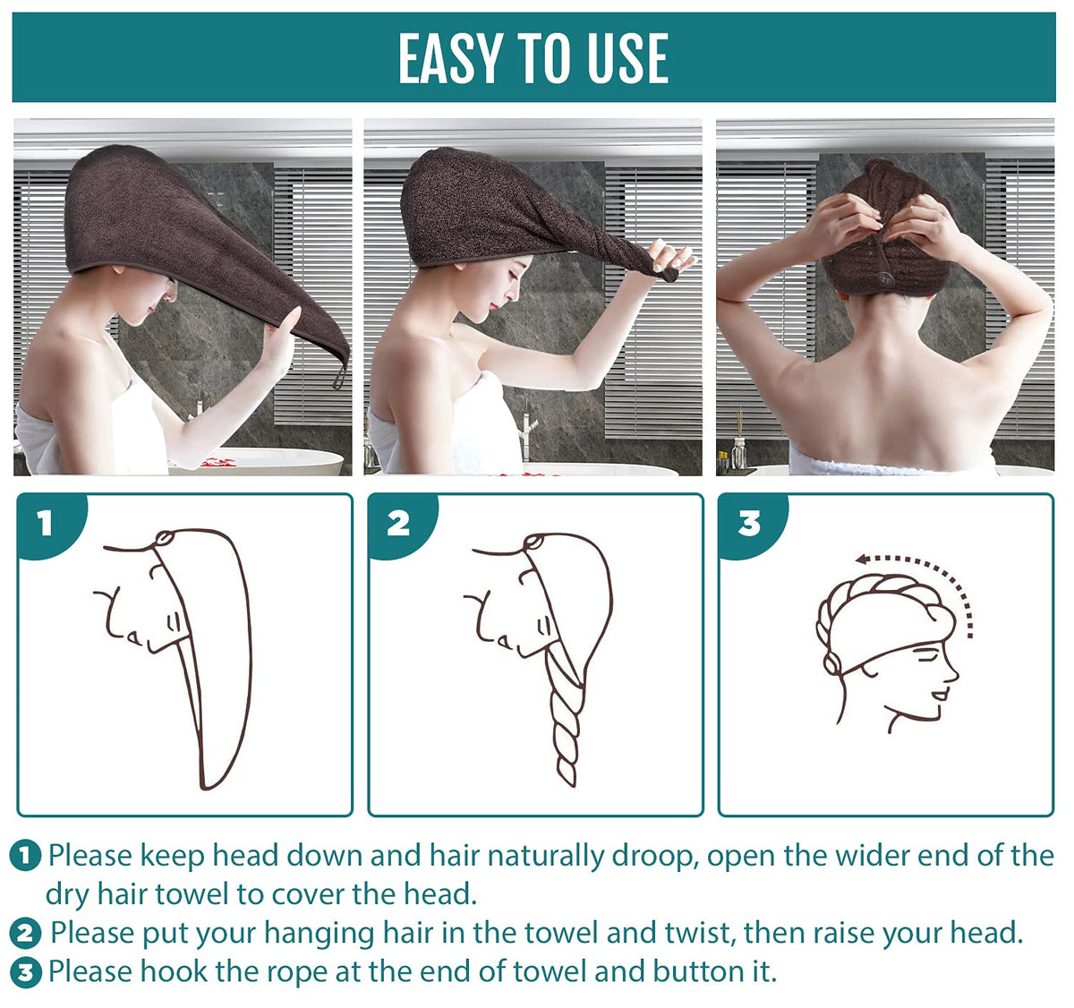 LUXURY Hair Towel Wrap 100% Cotton, Instant Drying Lightweight Turban Hair Cap Super Quick Absorbent Anti-Frizz Twist Toweling Dry Hat Button Loop