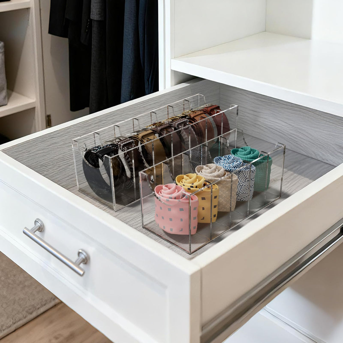 FEMELI Acrylic 7 Compartment Belt Organizer, Clear Belt Display Case for Closet Tie and Bow Tie