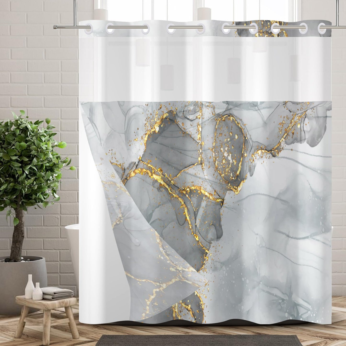 Ttincceer Hook-less Shower Curtain with Snap in Fabric Liners Grey Gold Marble No Hooks Shower Curtains Waterproof Luxury Double Layer Bathroom