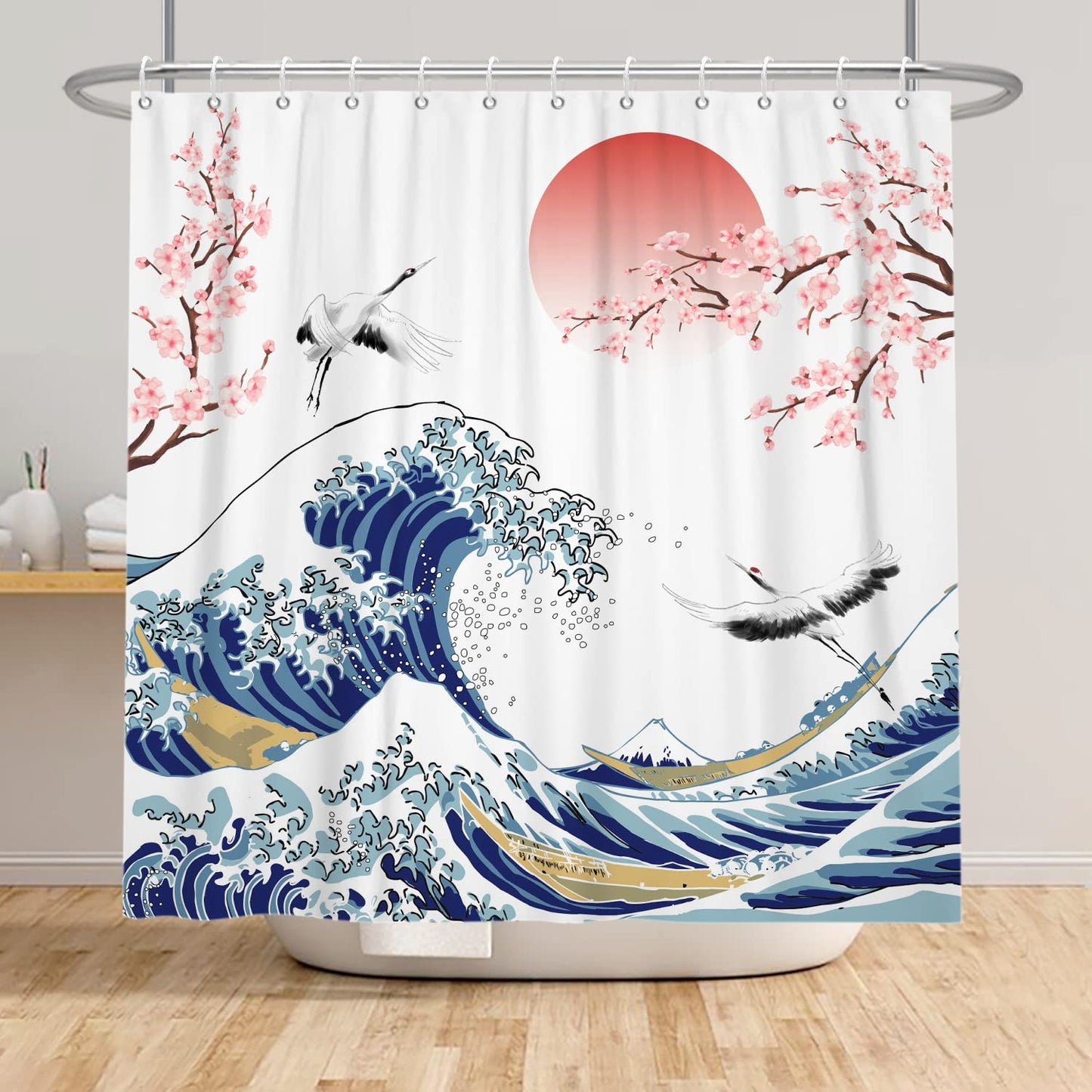 SDOTPMT 180x198cm Wave Shower Curtain Asian Cherry Blossom Ink Painting Bath Curtain Soaring Wild Goose Landscape Painting Bath Curtain for Bathroom