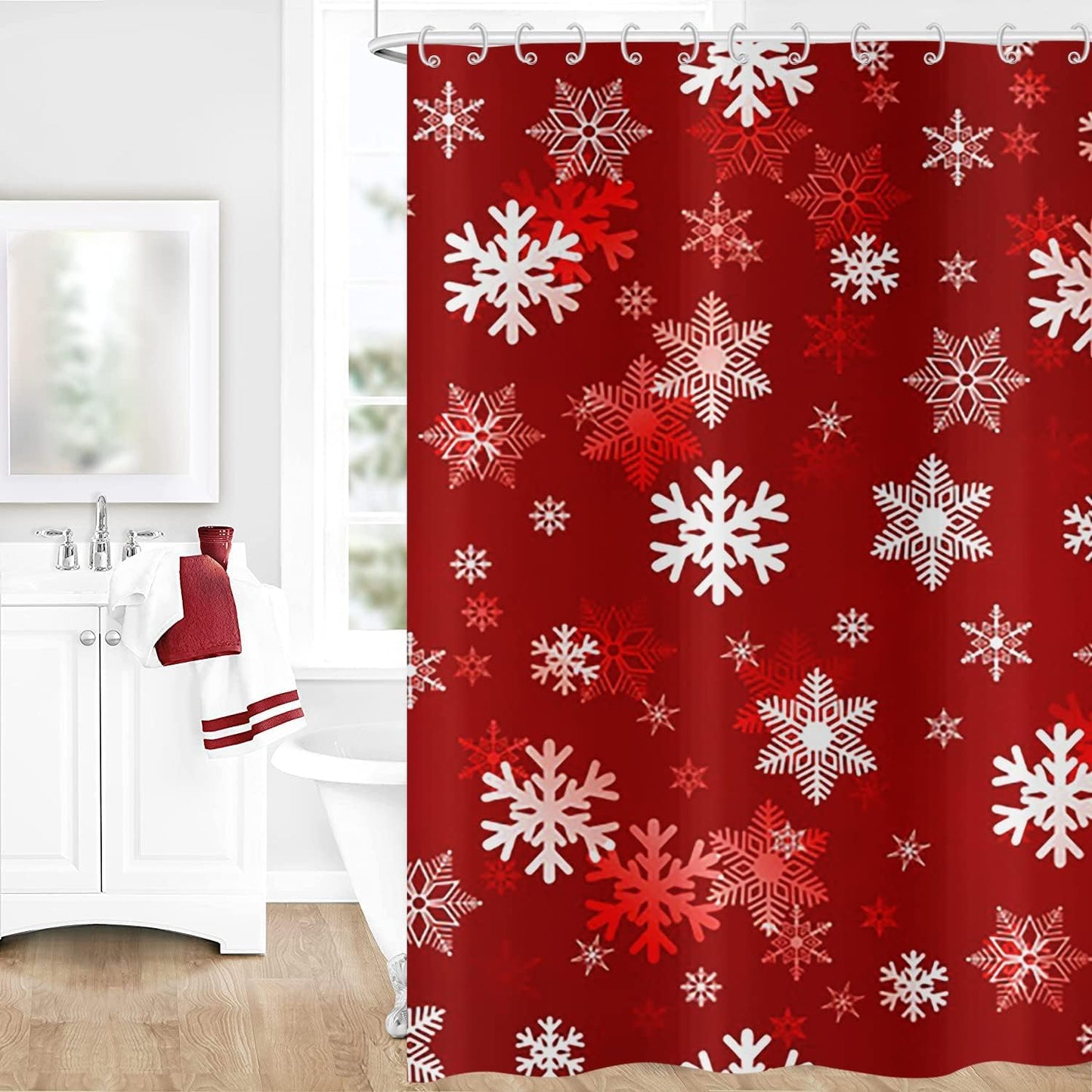 GCIREC Christmas Snowflake Shower Curtain, Red White Xmas Snowflake Winter Holiday New Year Bathroom Curtain Home Bathtub Decor Waterproof Fabric