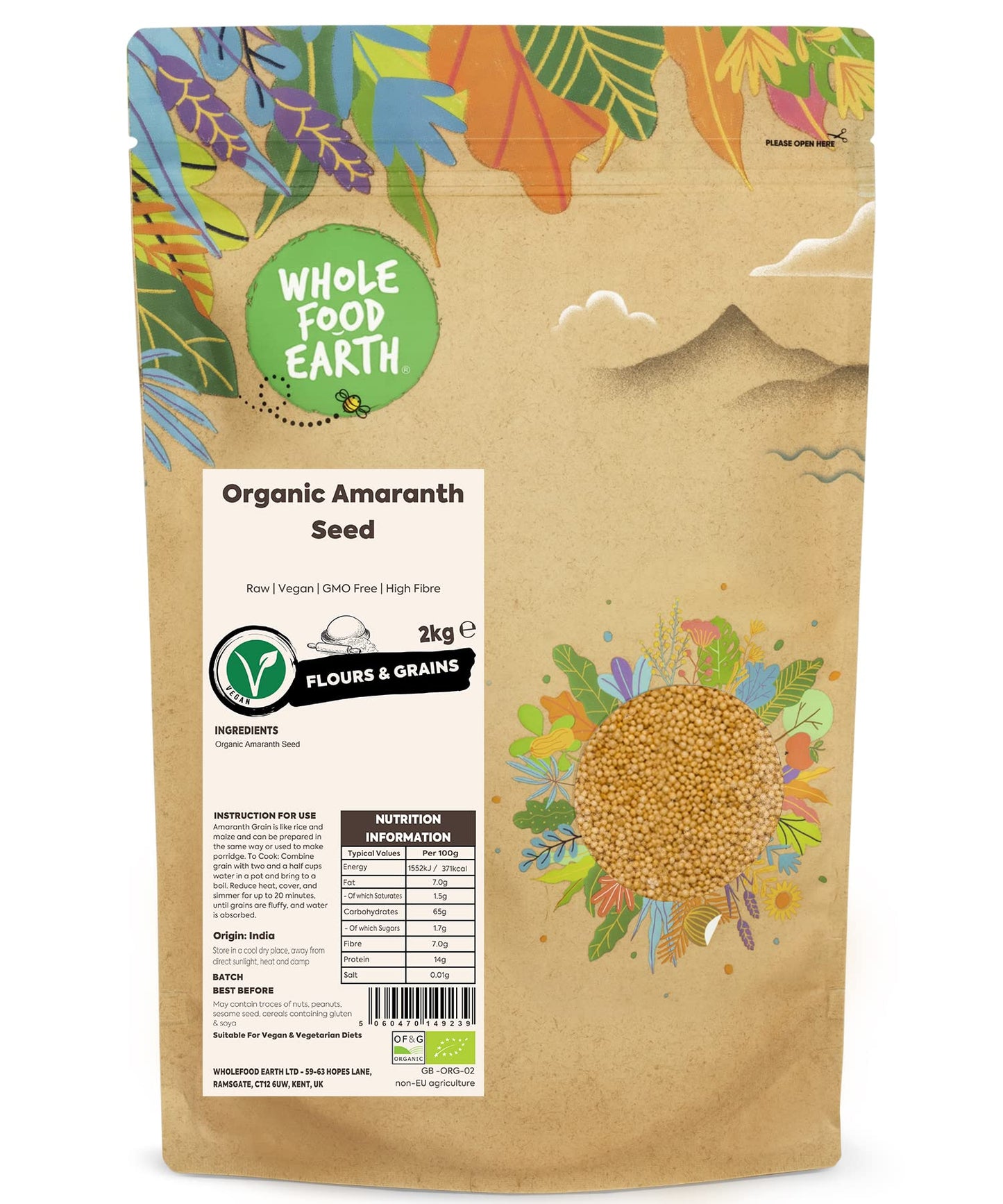 Wholefood Earth Organic Amaranth Seed ? 2 kg | Raw | Vegan | GMO Free | High Fibre | Certified Organic