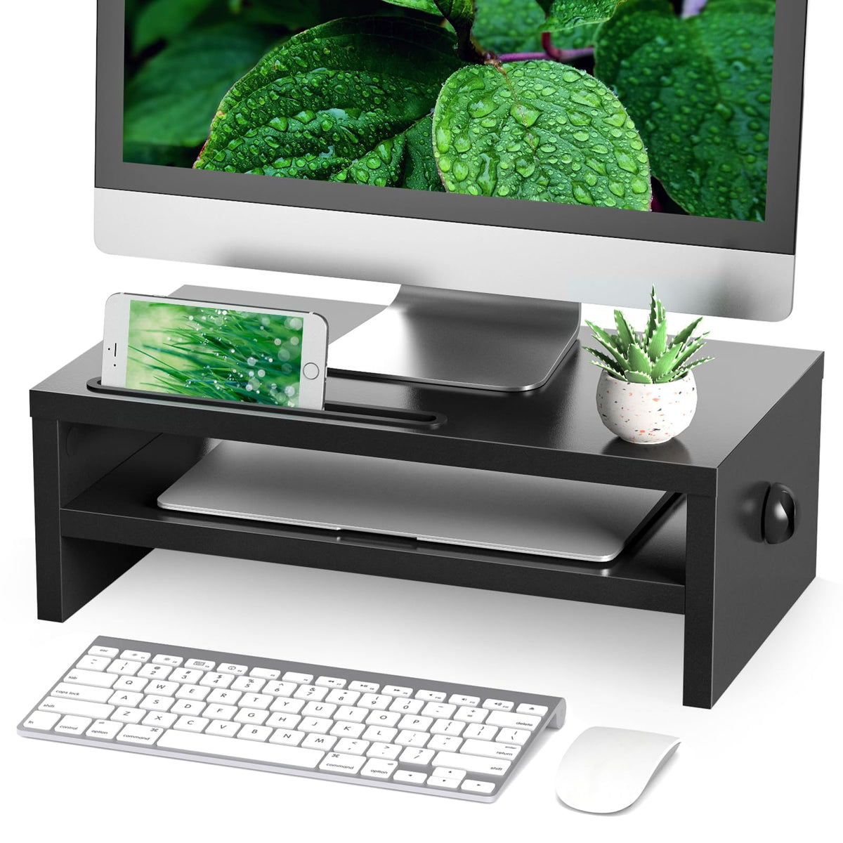 RFIVER Wood Monitor Stand Riser-Desk Riser with Smart Phone Holder-Computer Monitor Stand with Cable Management-Monitor Shelf for Laptop, iMac, PC, 2