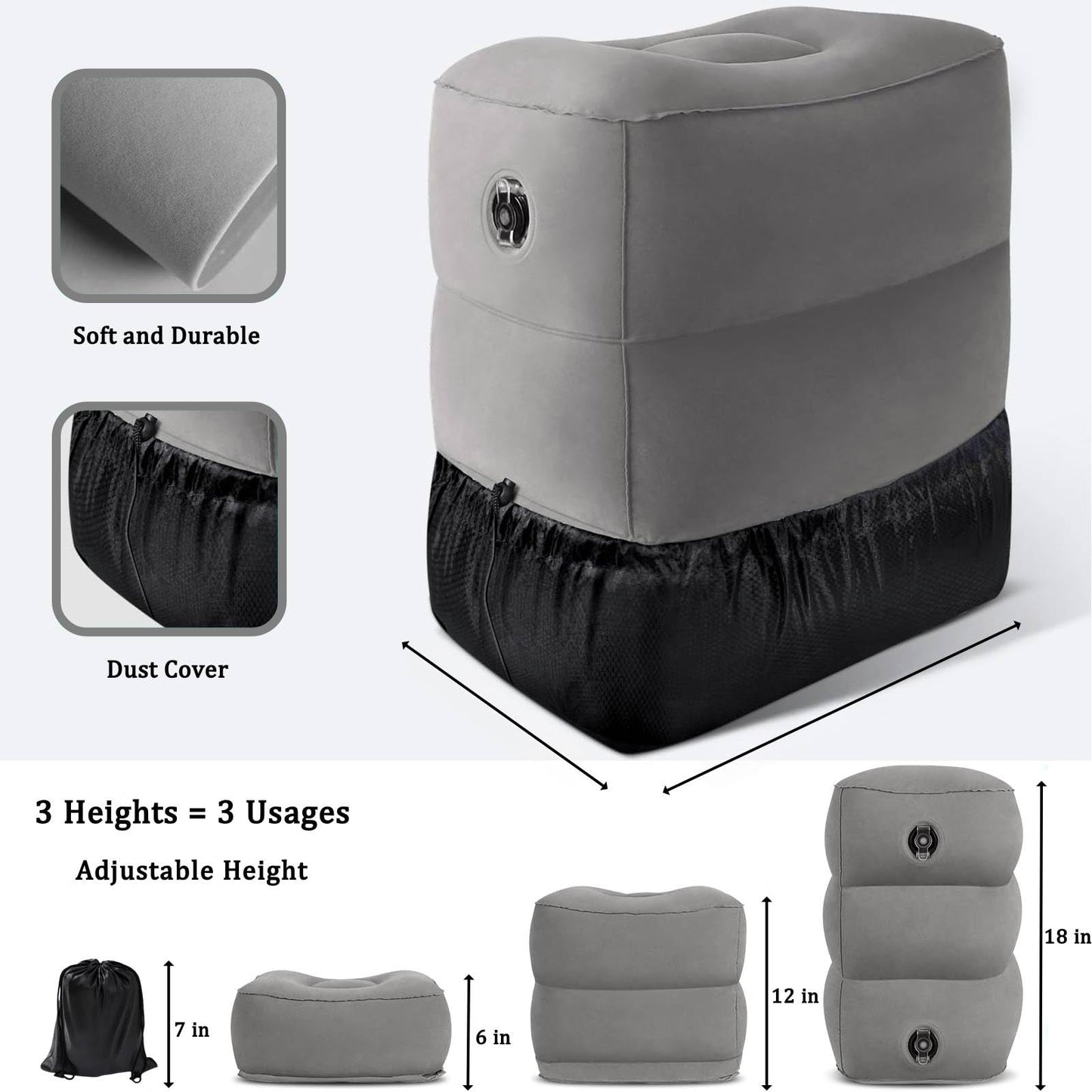 Inflatable Foot Rest Pillow, Airplane Travel Pillow, Multifunctional Adjustable 3 Layers Height Foot Rest