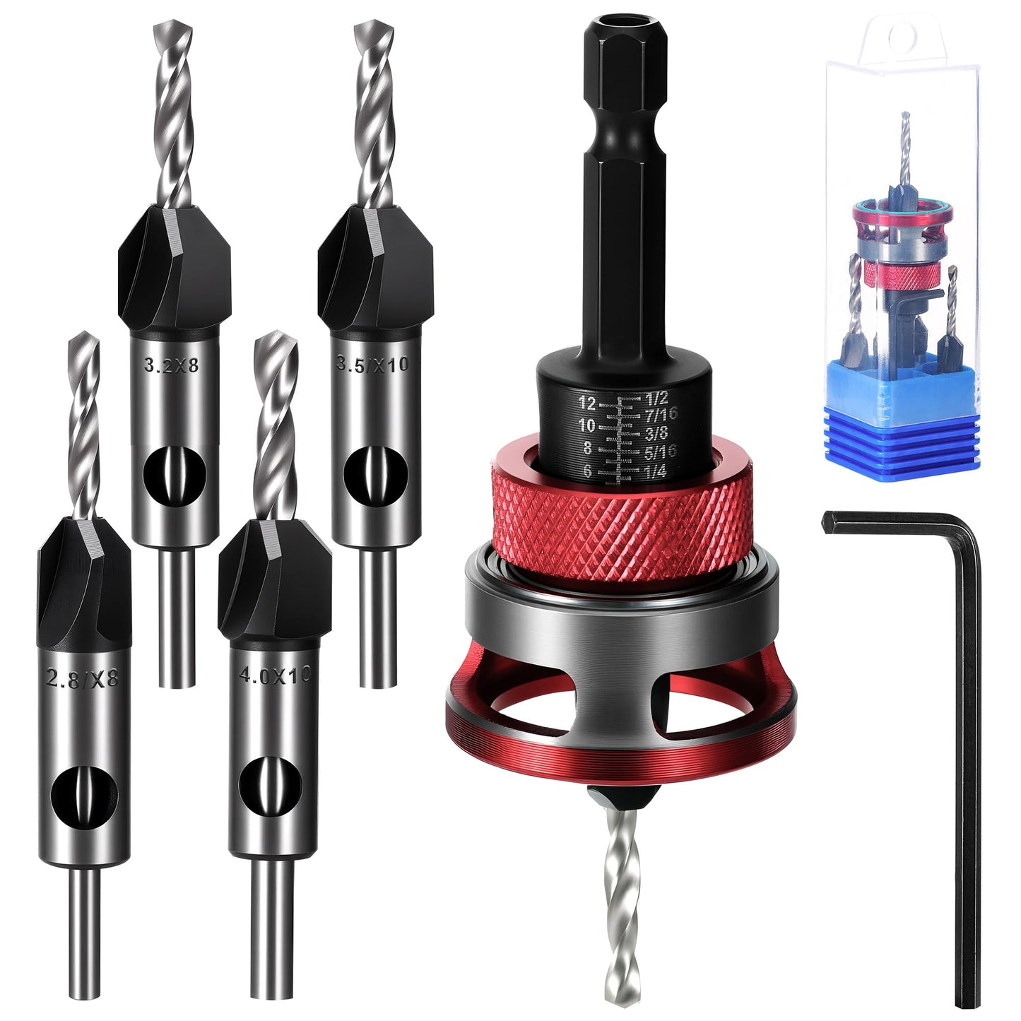 TranRantic 4PCS Countersink Drill Bit Set with Depth Stop, Countersink Wood Drill Bit with 1/4 Inch Hex Shank, 3.2/2.8mm Drill+8/10mm 82?