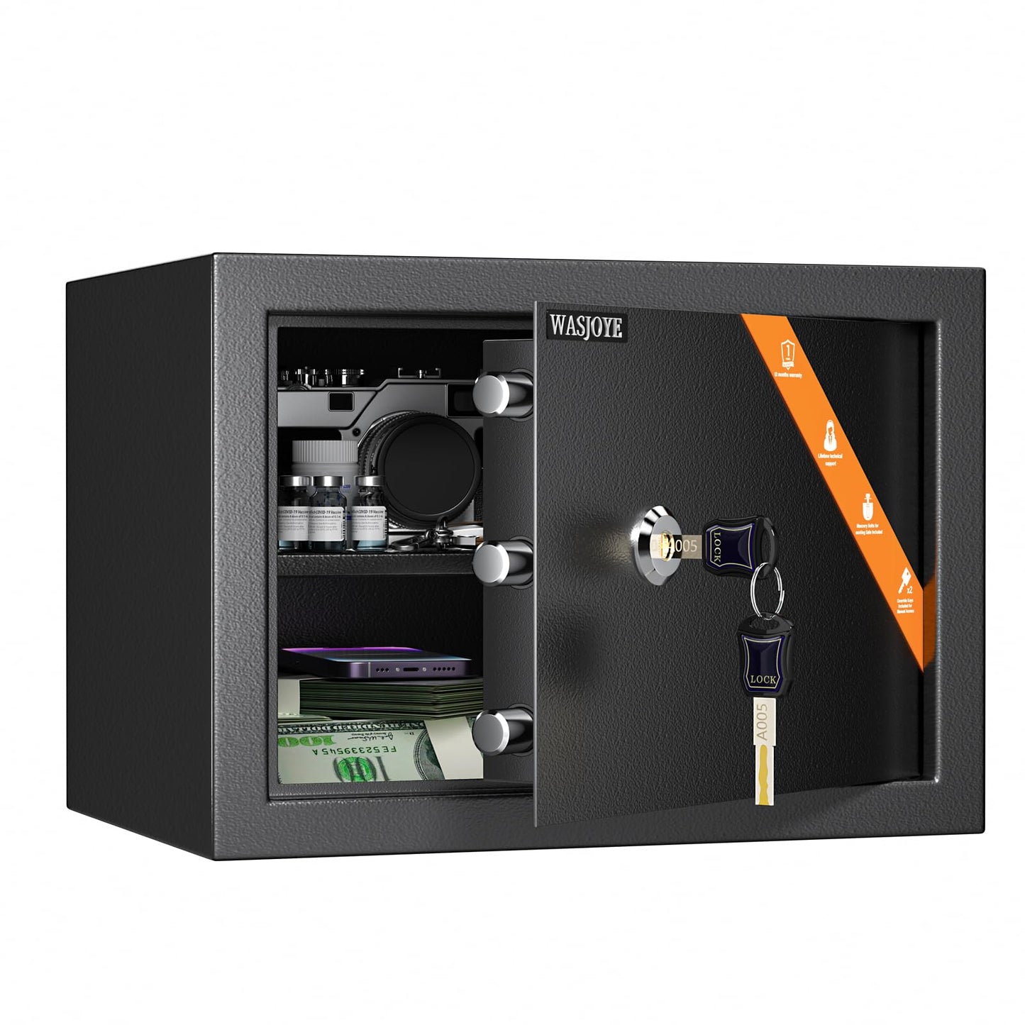 WASJOYE Safe Lock Box with Keys, High Security Safety Box, 19L Steel Lock Safes for Home/Office, Cabinet Keys Safe Lock Box for Money Cash Jewelry