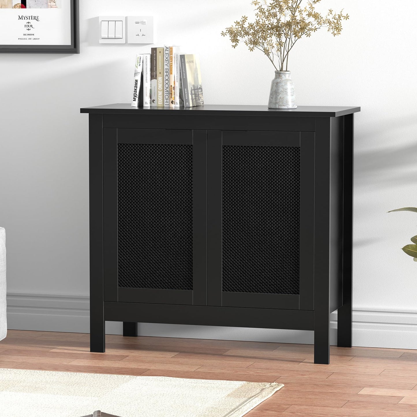 Yvsevnr Rattan Buffet Cabinet Black Sideboard Kitchen Cupboard Storage Cabinet with Adjustable Shelf, Solid Wood Legs