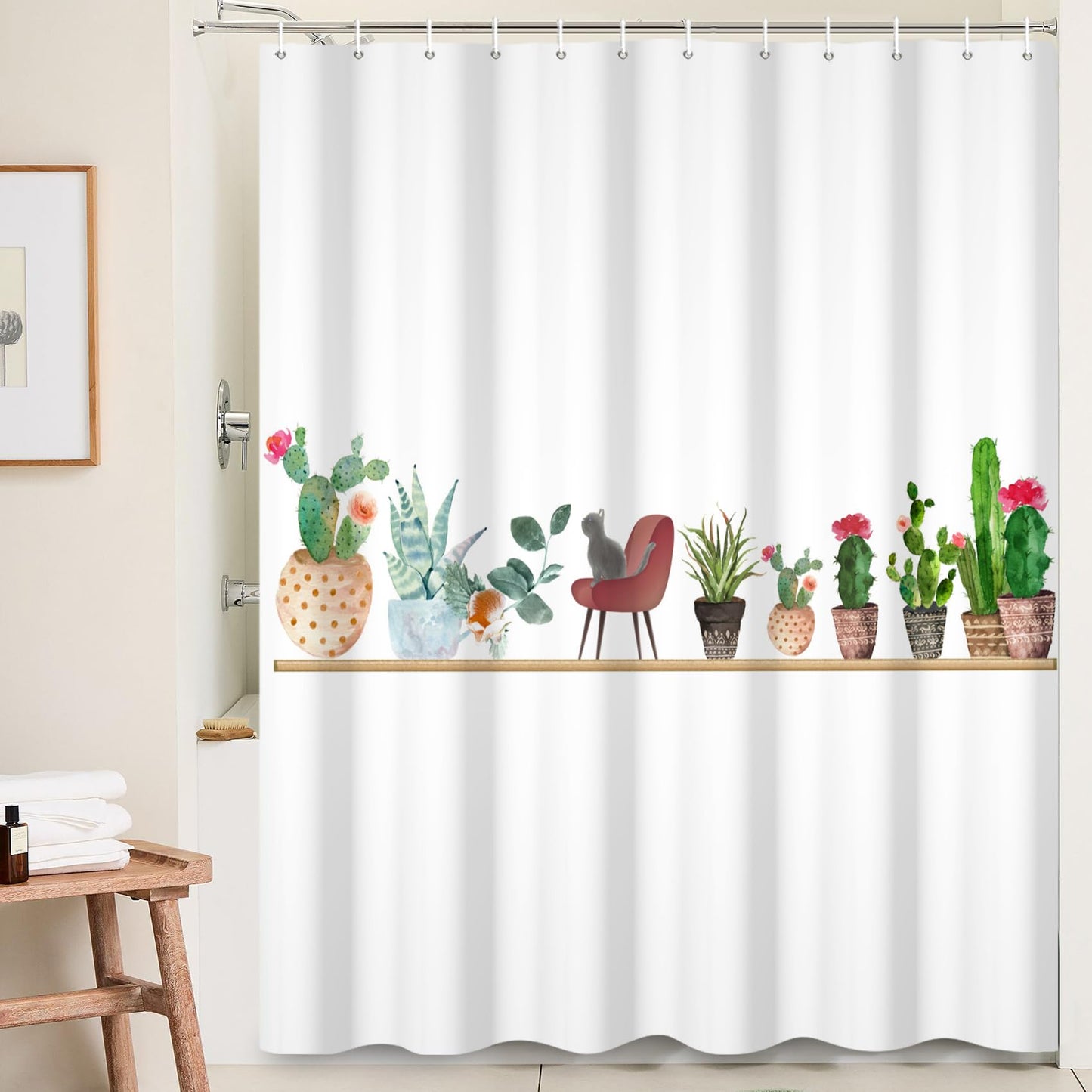 Ttincceer 71x71inch Cactus Cat Shower Curtain Green Desert Plant Animal Shower Curtains Watercolor Cactus Pet Cat Bath Curtain Waterproof Bathtub