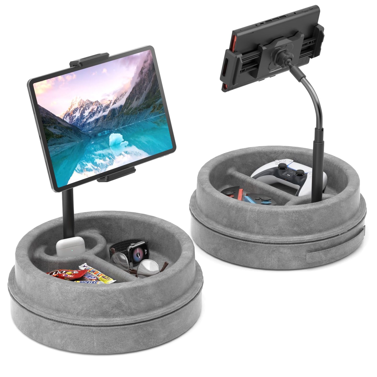 KDD Tablet Pillow Holder for Lap, Multi-Angle iPad Stand with Storage Tray - 360? Rotating Clip Gooseneck Tablet Soft Pad Dock for Bed and Desk