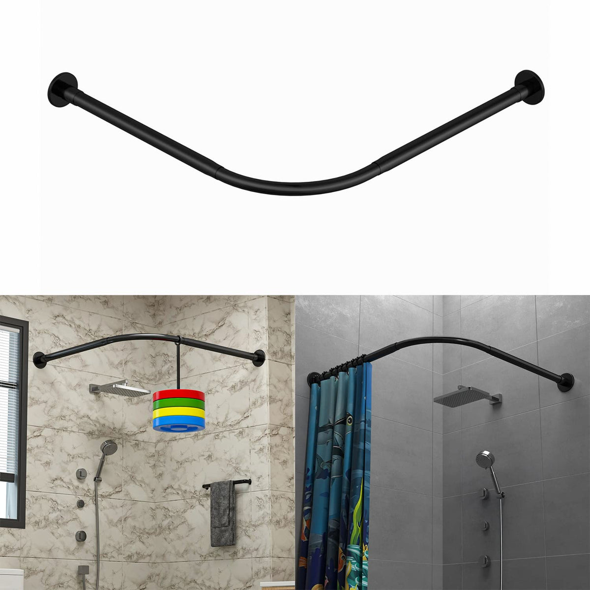 Tanxih Corner Shower Curtain Rod Adjustable Stainless Steel L Shaped Rack Drill Free Install for Bathroom, Bathtub, Clothing Store (Black, 70-100cm X