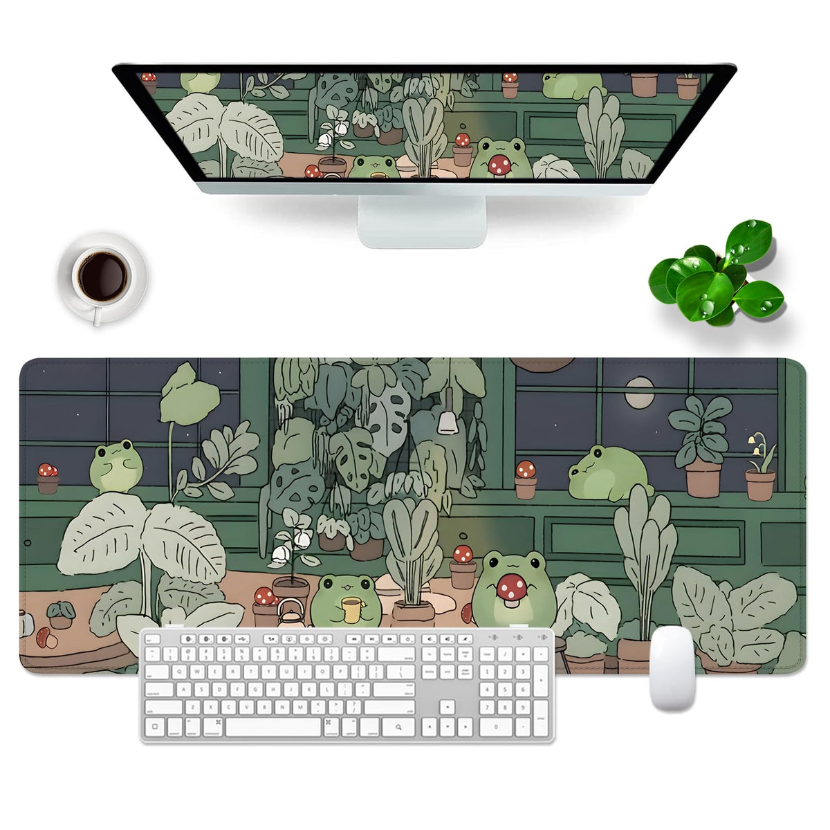 WYDUCVI Green Gaming Mouse Mat - Large Frog XL Desk Pad 31.5x11.8x0.12 Inch (80x30 CM) - Cute Kawaii Keyboard Pad Office Accessories