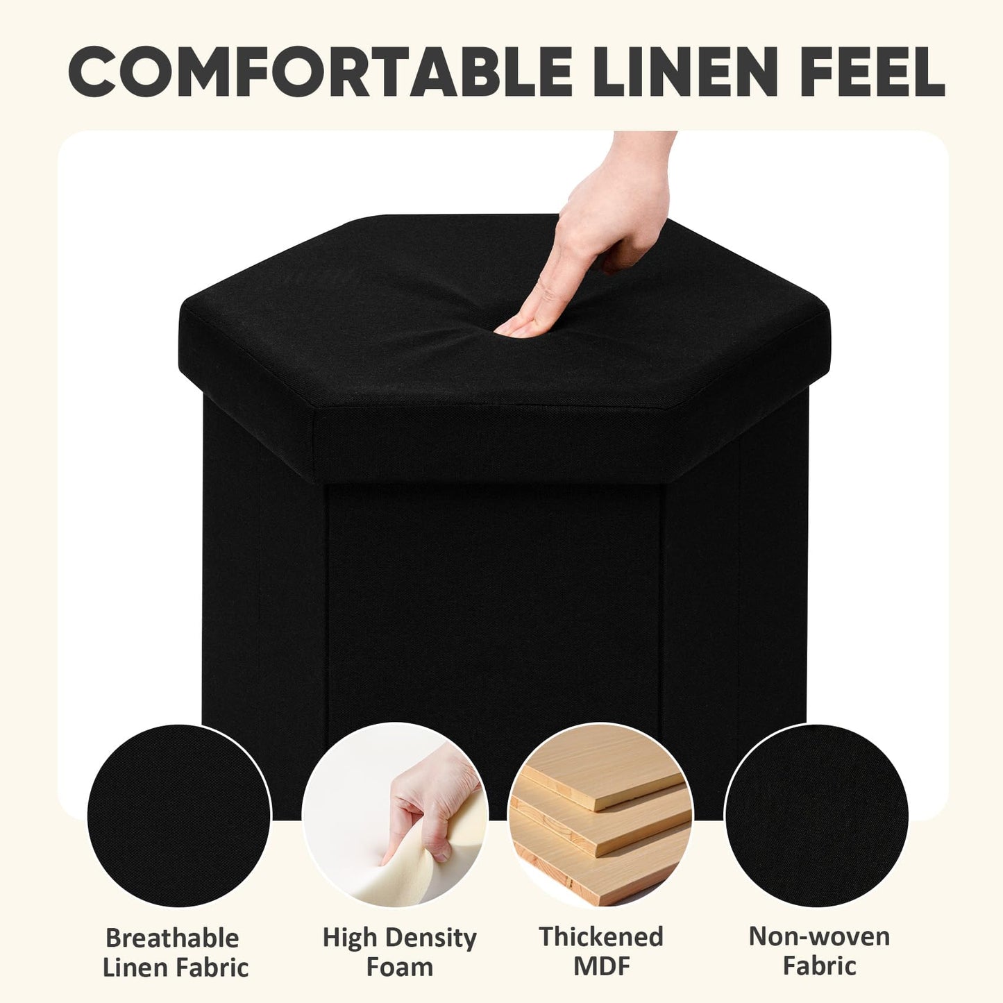PINPLUS Folding Storage Ottoman, Linen Hexagonal Footrest, Black