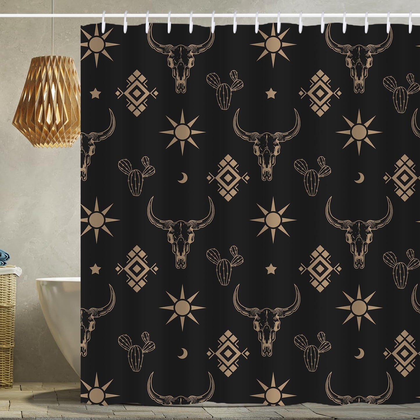 Western Bull Skull Shower Curtain Boho Cow Longhorn Skull Head Cactus Bohemian Black and Gold Shower Curtain with Hooks 72x72 Inch Waterproof