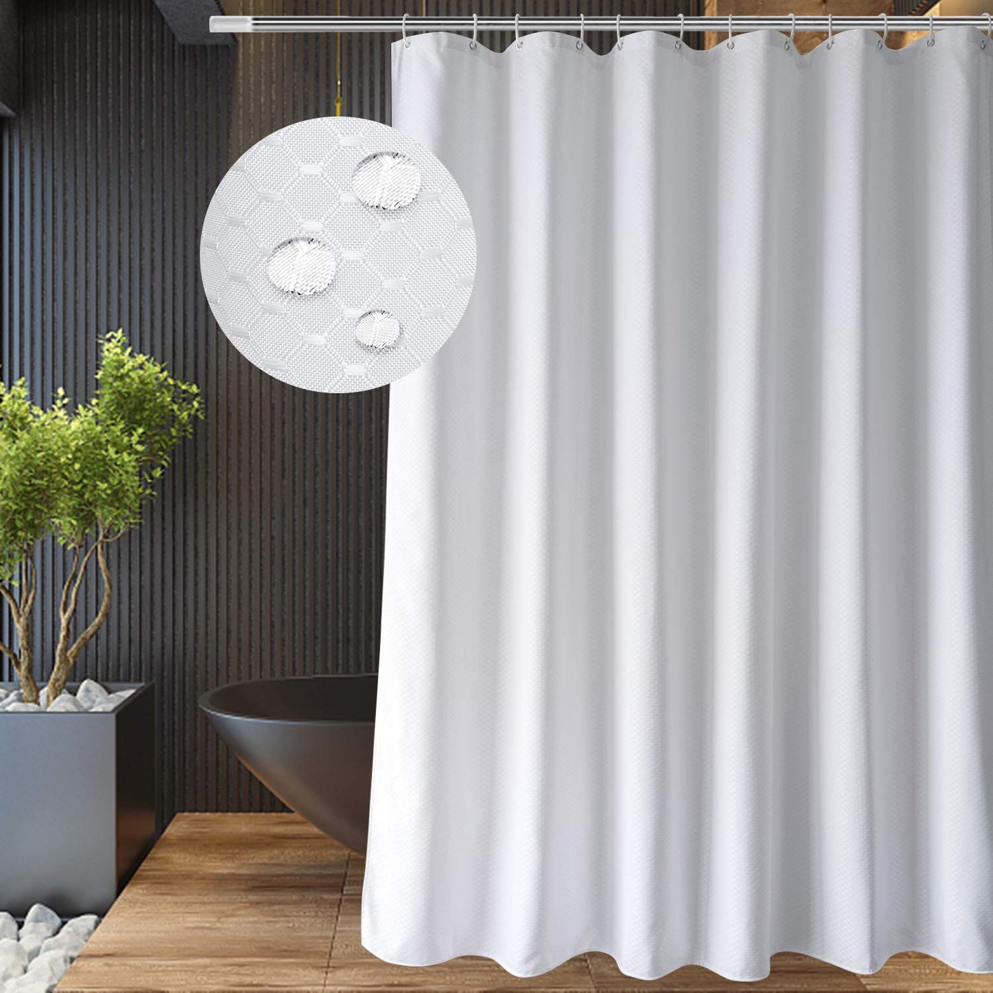 Eurcross 240 cm Extra Wide Shower Curtain 180 cm Drop, Water Repellent Heavy Weighted White Waffle Weave Fabric Shower Curtain for Bathroom