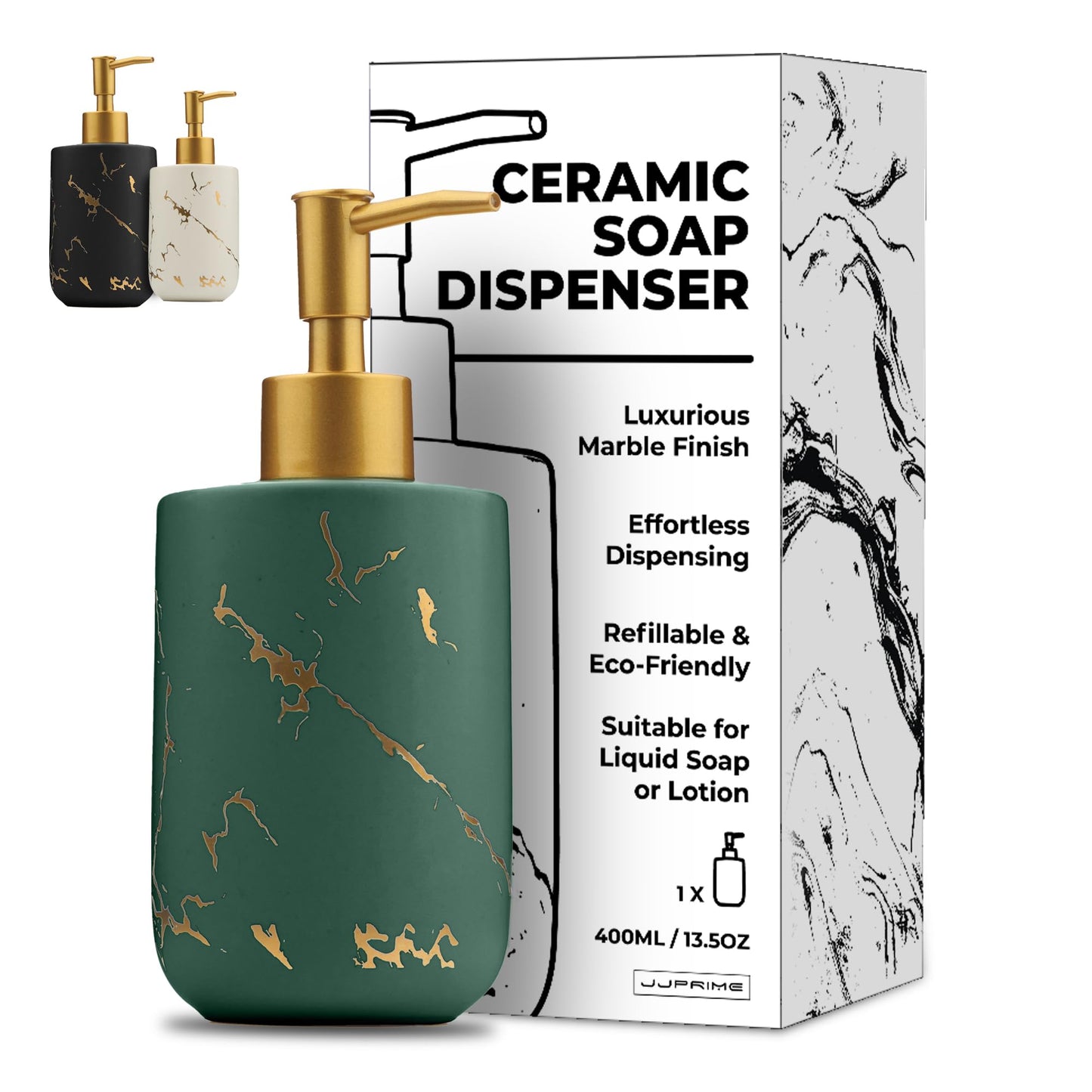 JJ PRIME Ceramic Shower 400ml | Marble Look Pump | Kitchen Soap Bathroom Bottles | Hand Wash Dispenser (Green), One Size