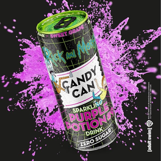 Candy Can, Rick and Morty, Purple Potion, Grape Flavoured Fizzy Drink, Nostalgic American Soda Flavours, Sugar Free, Sparkling Pop Can