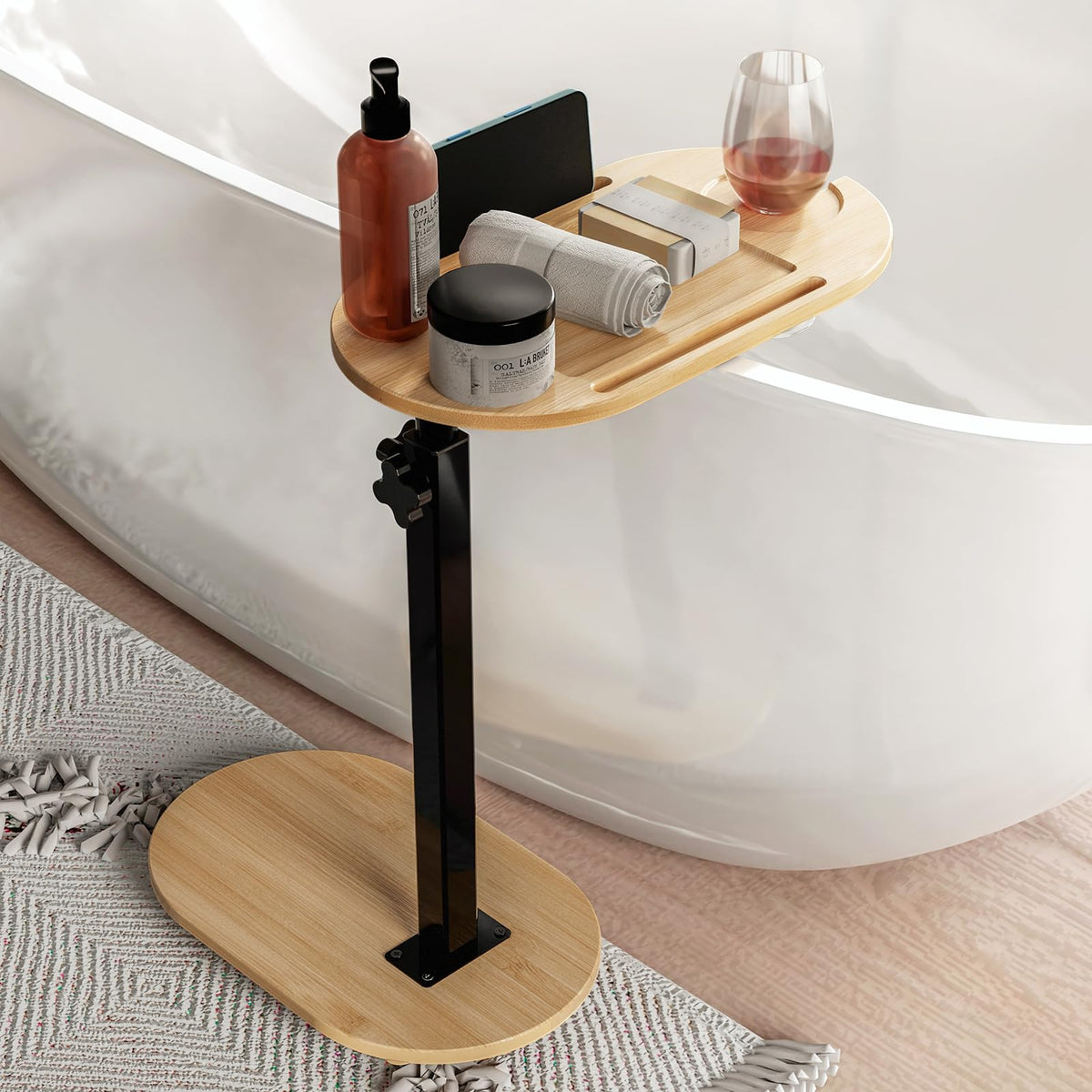 Yumkfoi Bamboo Bathtub Tray Table with Adjustable Height, Freestanding Bath Caddy Tray for Tub Against Wall, Bathtub Side Table for Luxury Bath Home