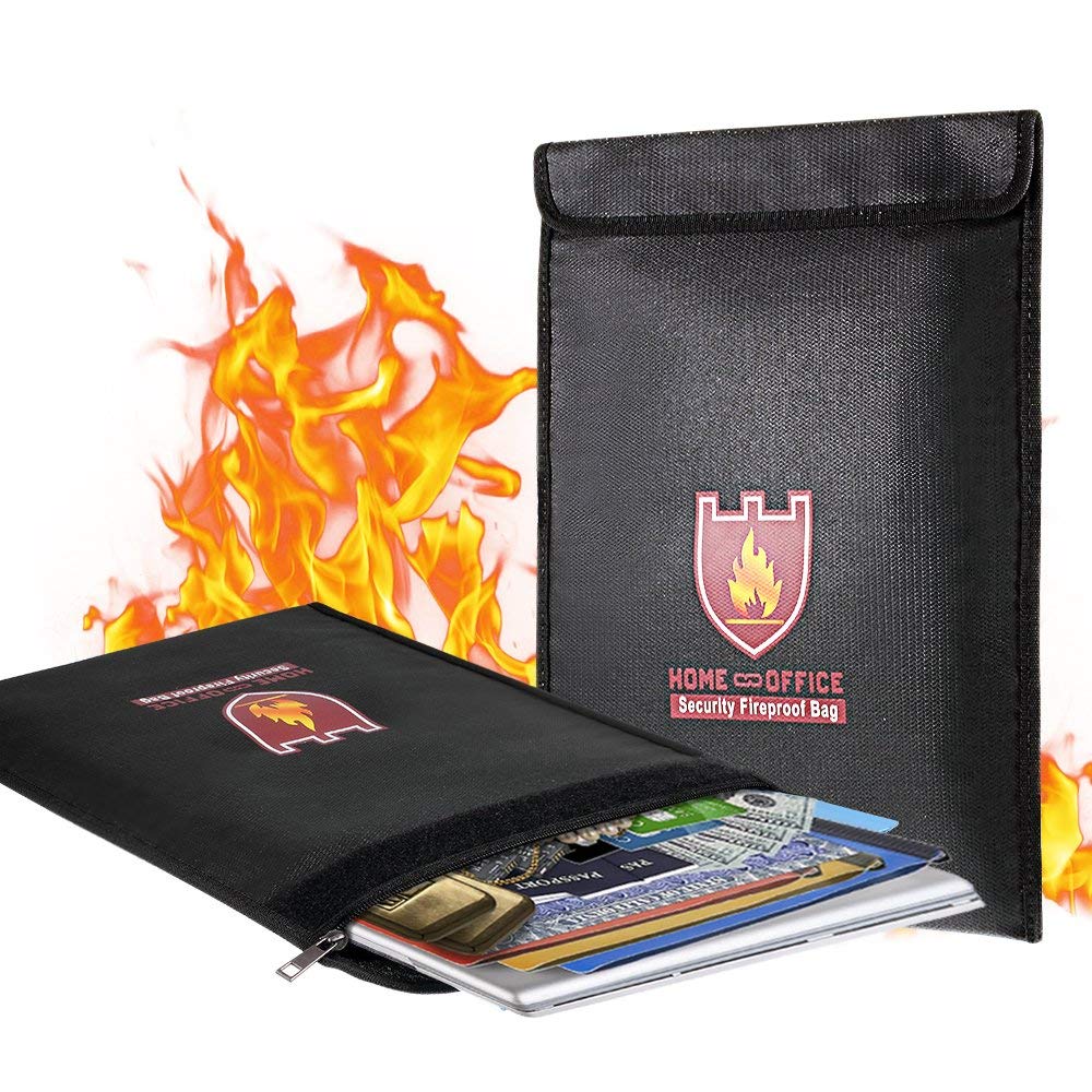 Fireproof Document Bag, 15" x 11" Solid Silicone Coated Fire Resistant & Water Resistant Money Fireproof Safe Storage for Jewelry, Zipper Closure for