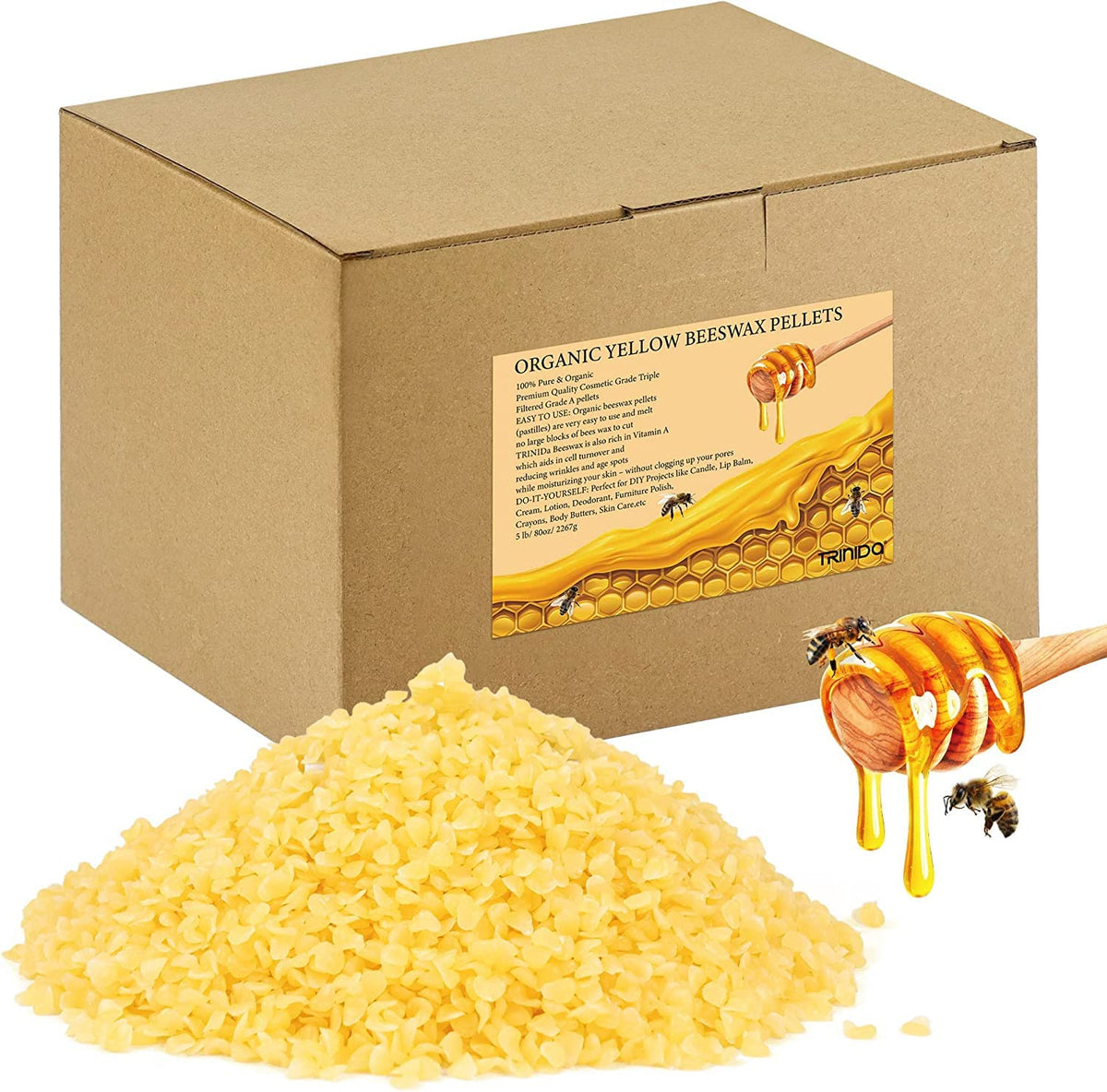 TRINIDa Beeswax Pellets 2.26kg, Yellow Bees Wax for DIY Candles, Beeswax for Candle Making, Skin, Body, Face, and Hair Care, Lotions, DIY Creams, Lip