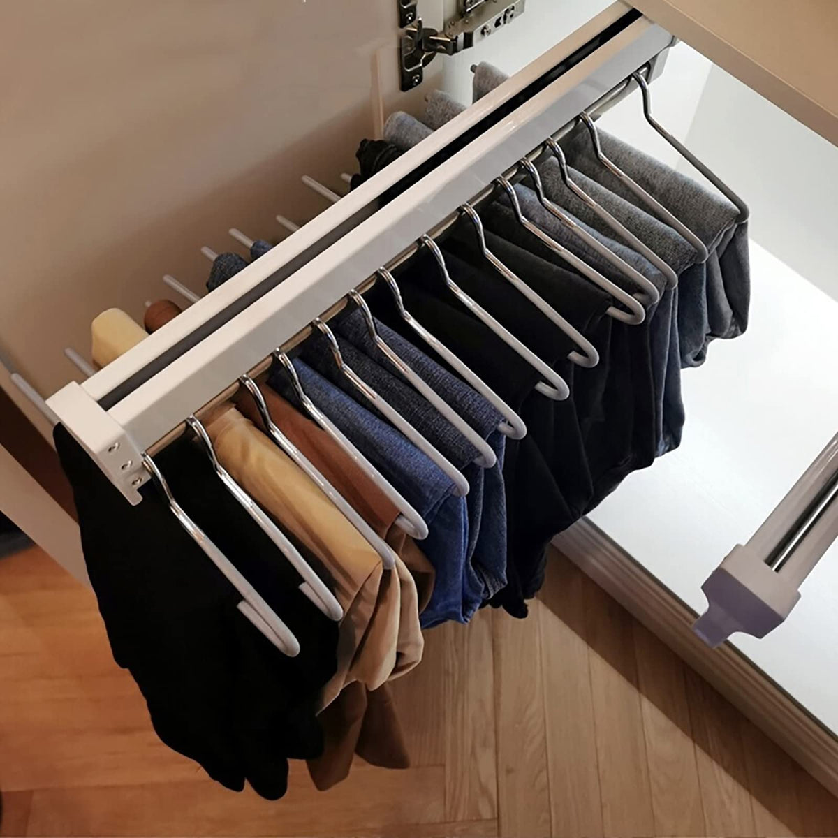 Pull Out Clothes Rail, Adjustable Pull Out Hanger Rail Rod for Wardrobe Trousers Clothing Storage, Space Saving, Load 25kg (White 397mm)