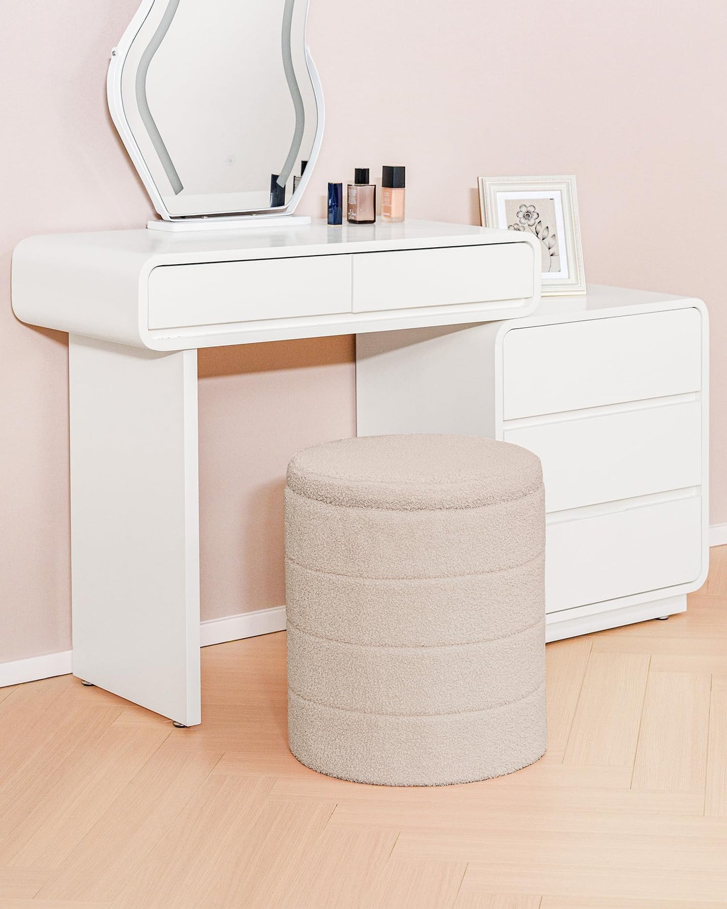 Bonlife Boucle Ottoman Storage, Foot Rest Stool Seat, Folding Footstool for Living Room, Sherpa Ottoman for Bedroom, Beige, 37x37x45 cm