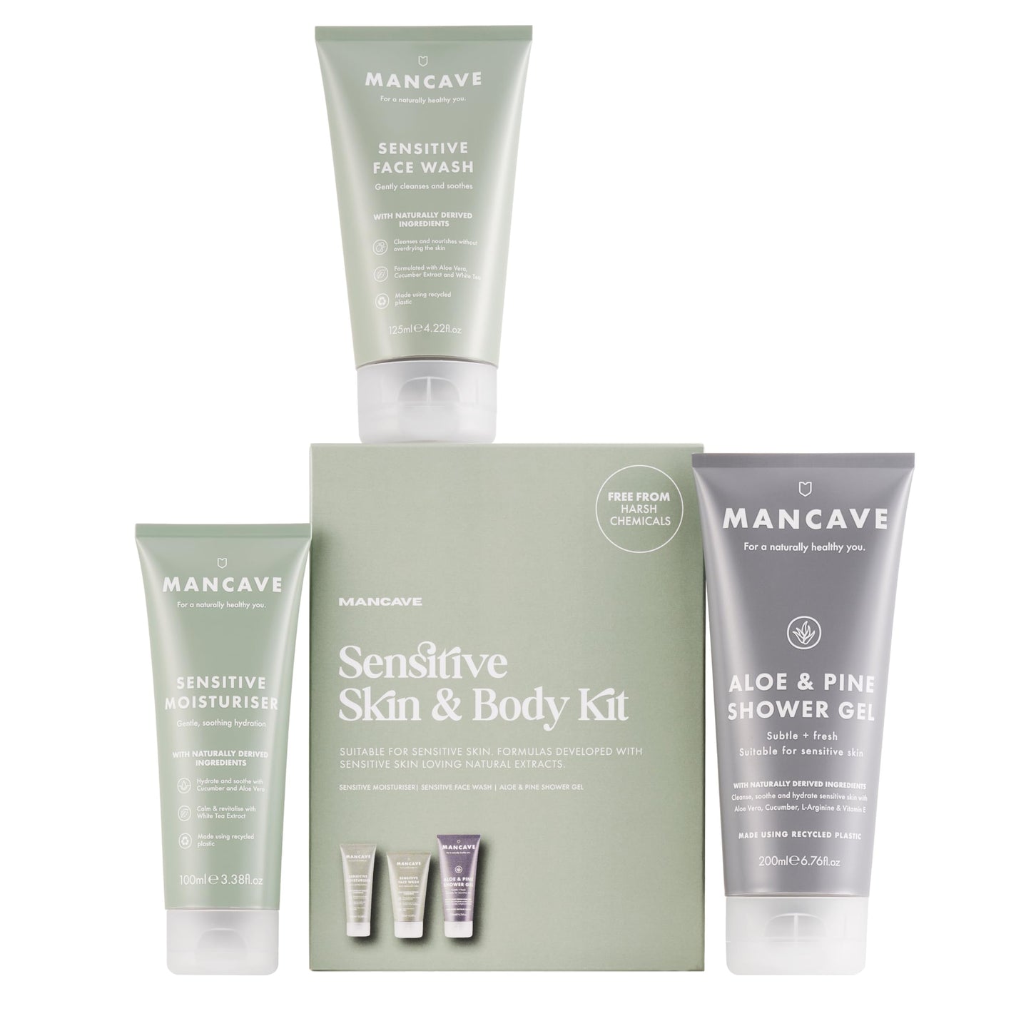 ManCave Sensitive Skin & Body Gift Set, Face Wash, Moisturiser, Shower Gel, Dermatologically Tested, Natural Formulations, Ideal for Travel, Vegan,