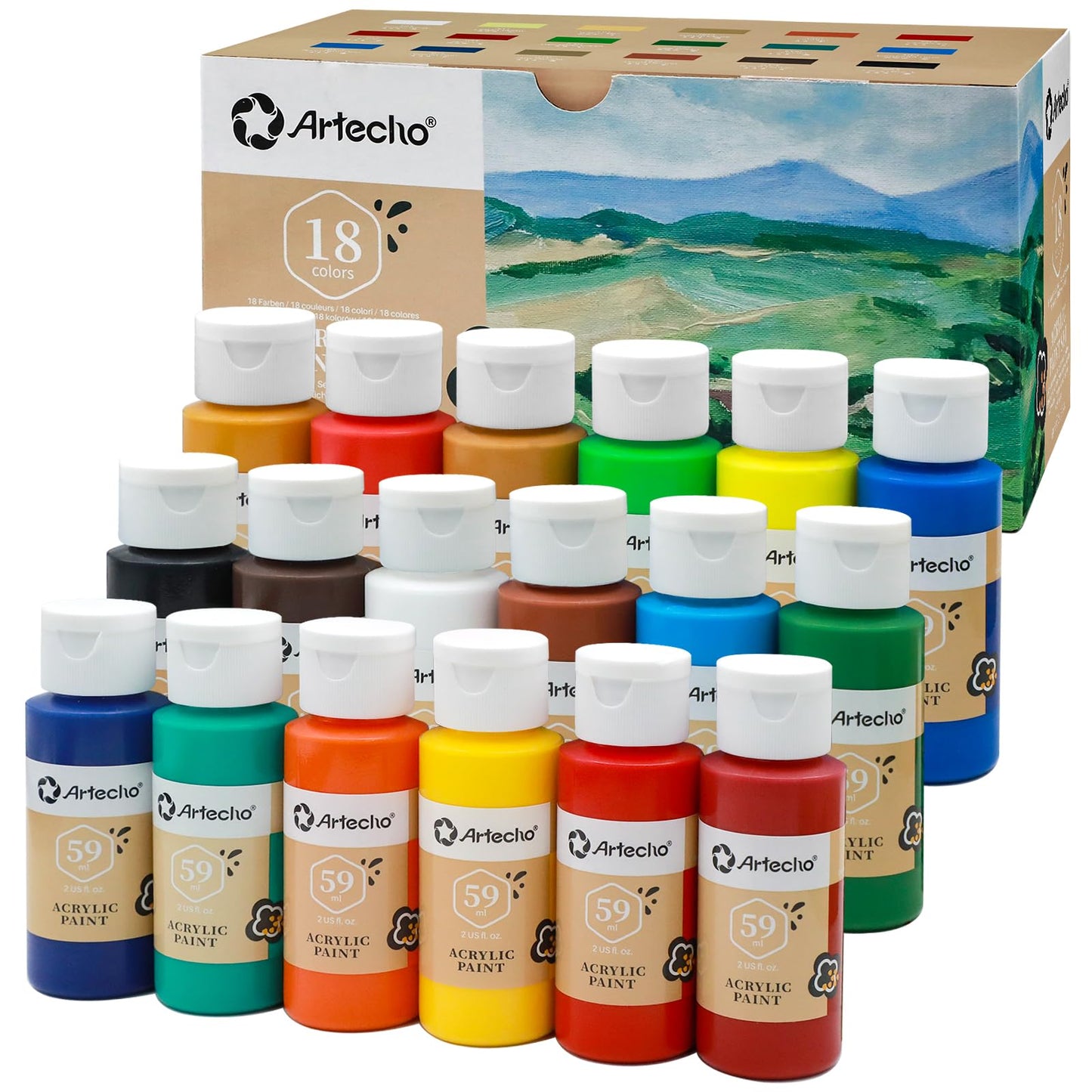 Artecho Acrylic Paint 18 Colors 2 Ounce/59ml, Acrylic Paints Set for Adults, Non Toxic, Waterproof Paint Kit for Canvas, Crafts, Glass, Model, Clay,