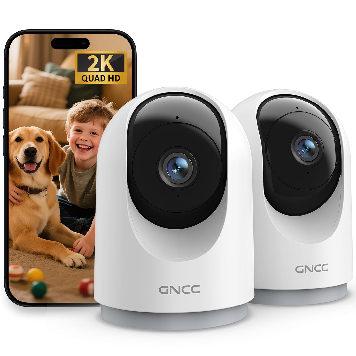 GNCC 2K Indoor Security Cameras for Pet Dog with App, 2-Pack CCTV Cameras House Security WiFi, Night Vision, Motion Detection, 2-Way Audio, Cloud/SD