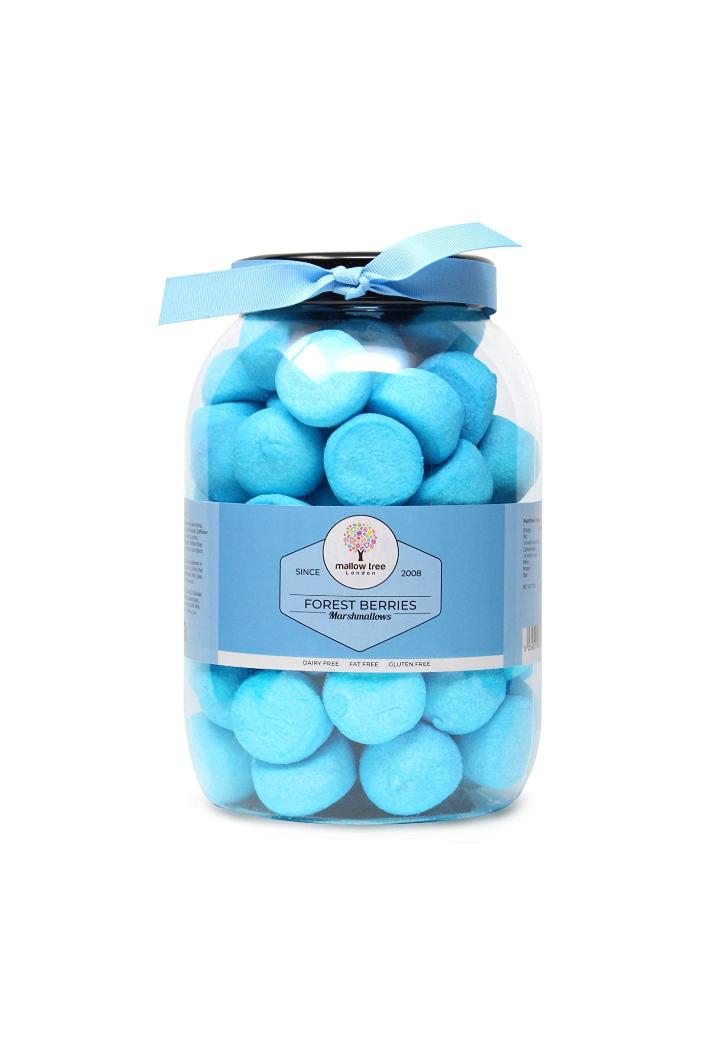 Mixed Berry Flavoured Blue Marshmallow Balls in a Luxury Ribbon Gift Jar, 600g By Mallow Tree. Dairy-Free, Fat-Free, Gluten-Free Marshmallow