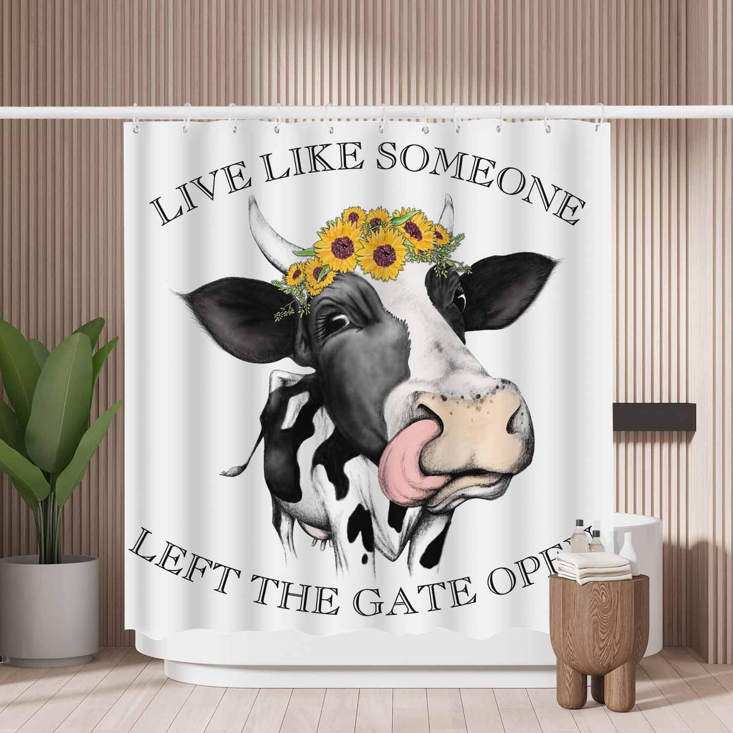 Woutay Shower Curtain Water Repellant Fabric Happy Cow,Mould Proof Resistant,Polyester,with 12 Plastic Hooks