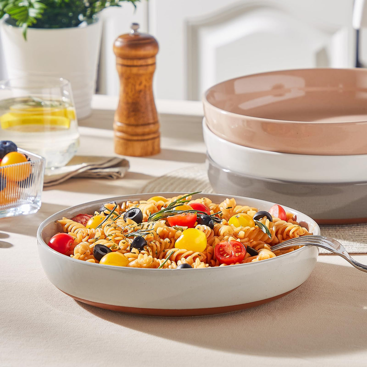 MALACASA Pasta Bowls Set of 4, Large Pasta Bowls, Ceramic Soup Bowls, 48 OZ, 9 inch, Microwave and Dishwasher Safe, Multi-Coloured, Serie Tara